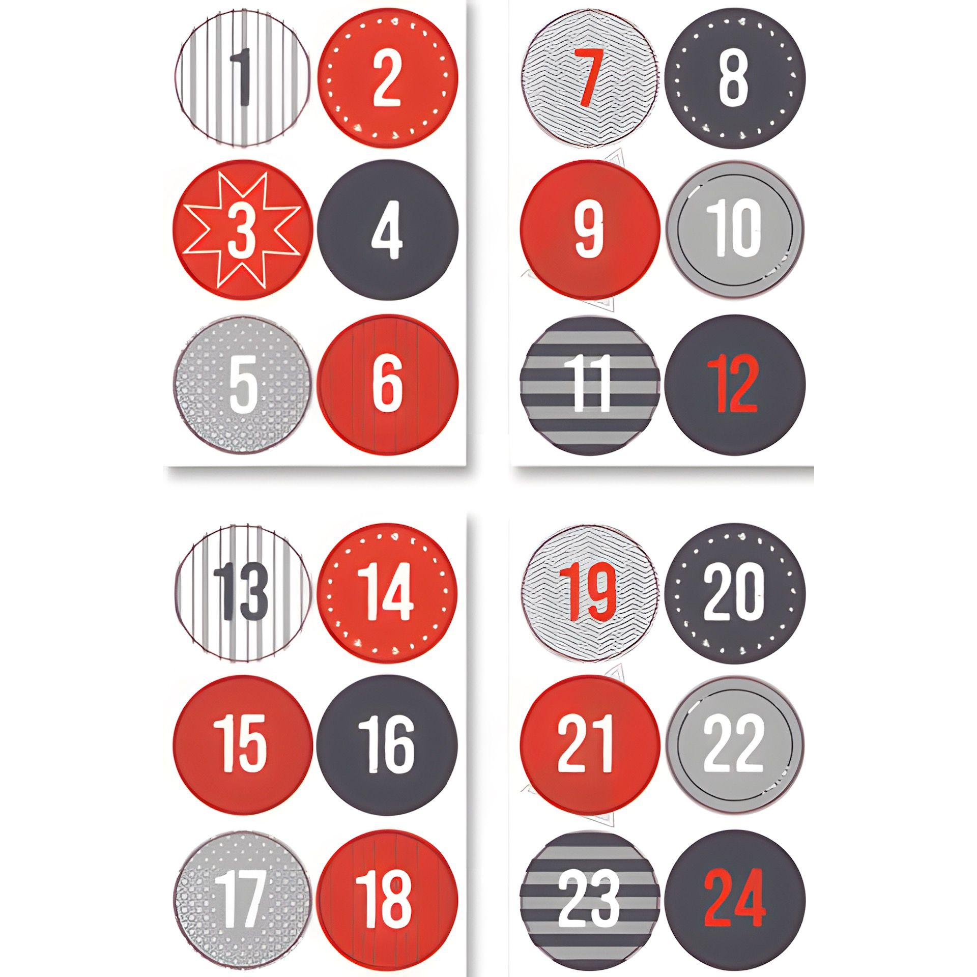 Adventskalender-Zahlen in 3 Farben, 72 Stück
