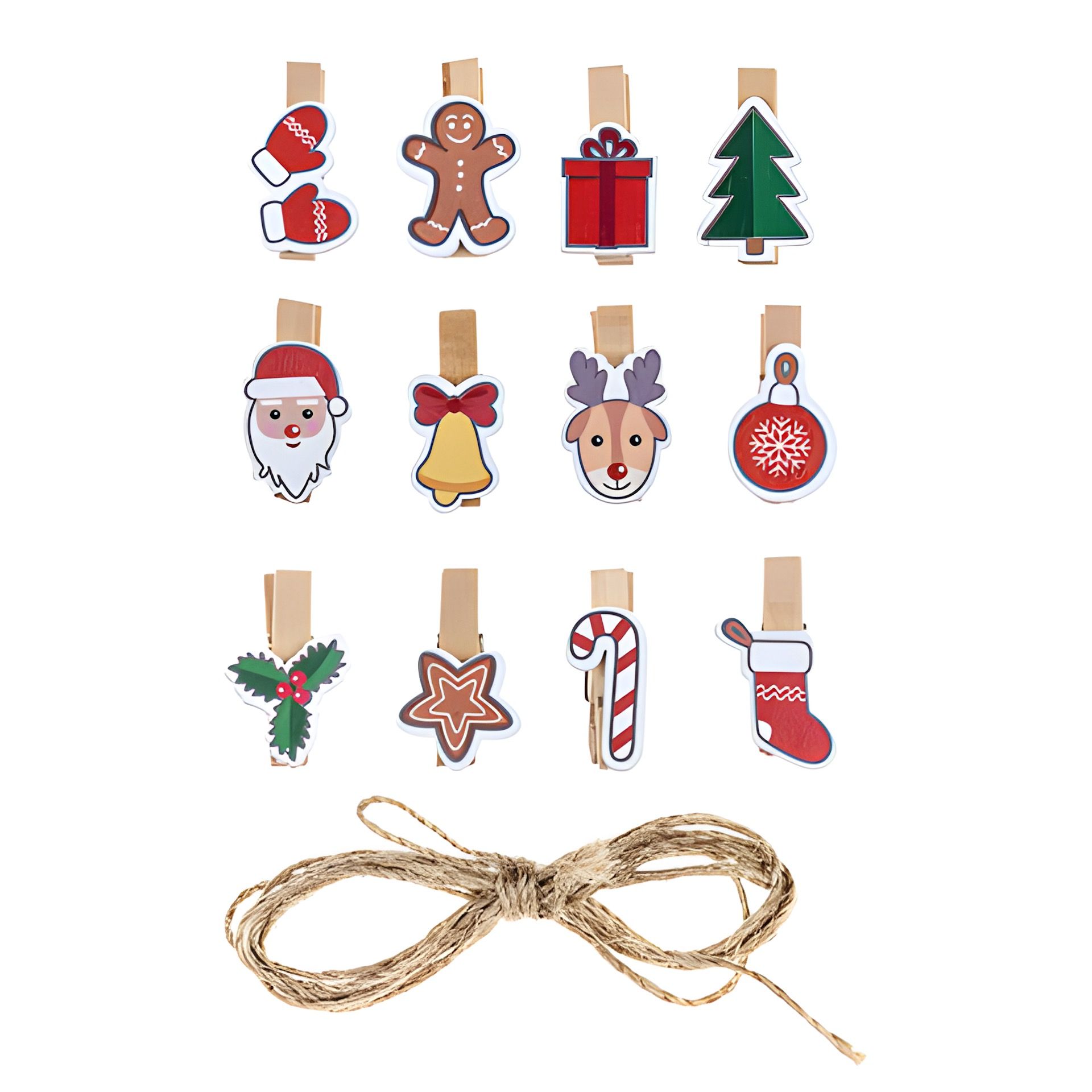 Holzklammern 'Weihnachten' mit Juteschnur, 12 Stück