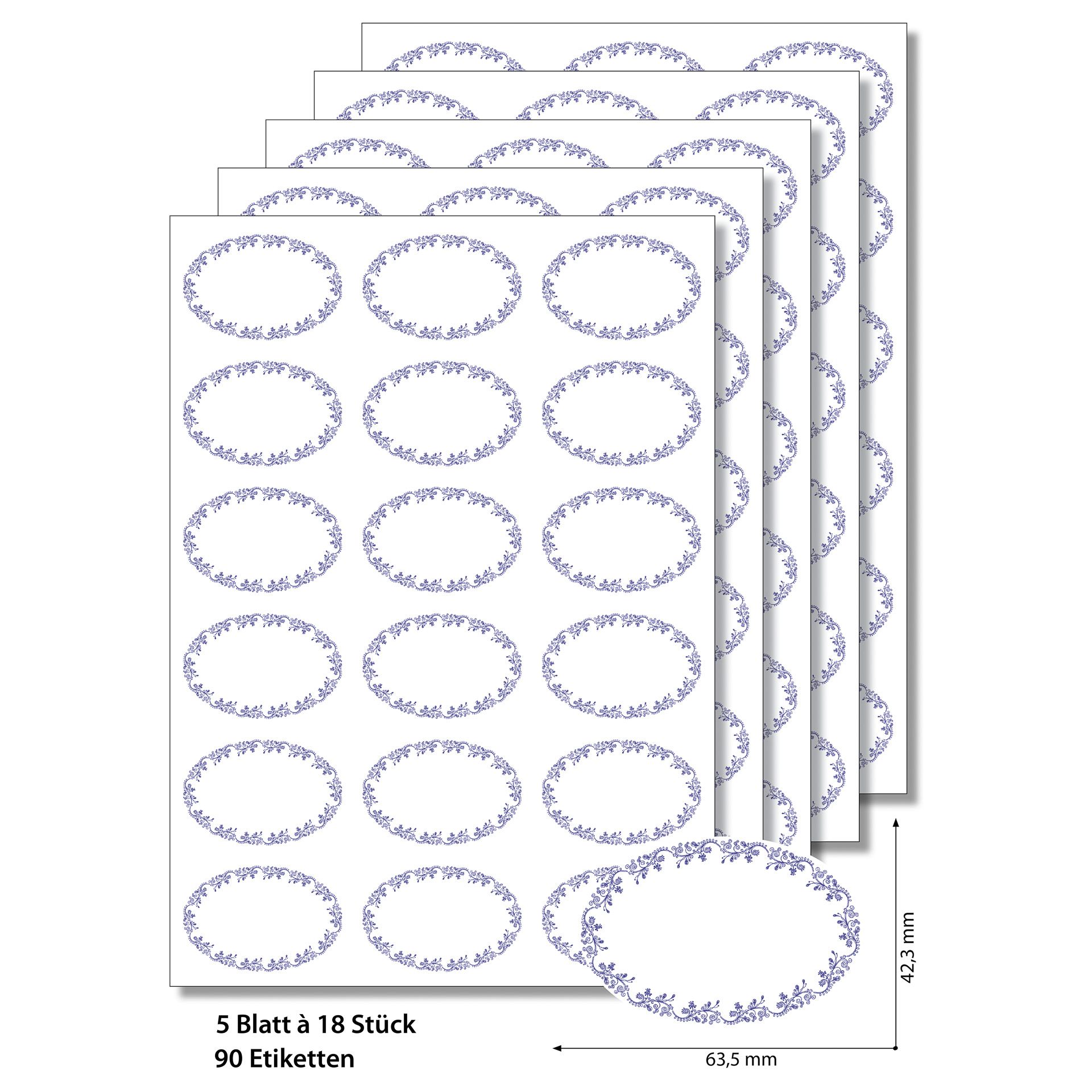 Etiketten oval 'Ornamente' blau -   5 Blatt A4