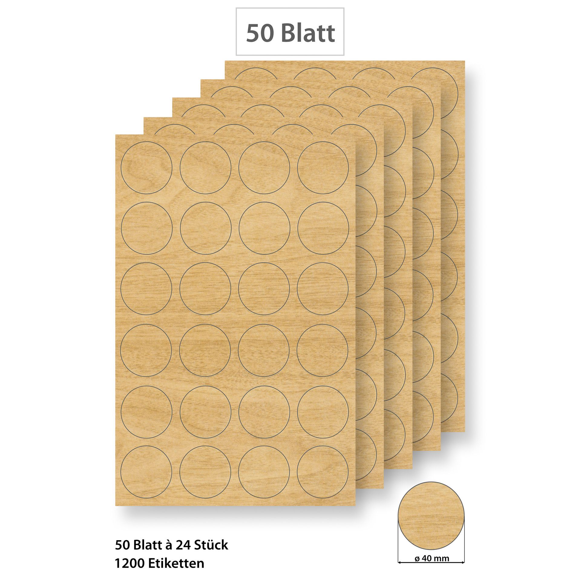 Steffis Etiketten rund 40 mm Holzdekor - 50 Blatt A4