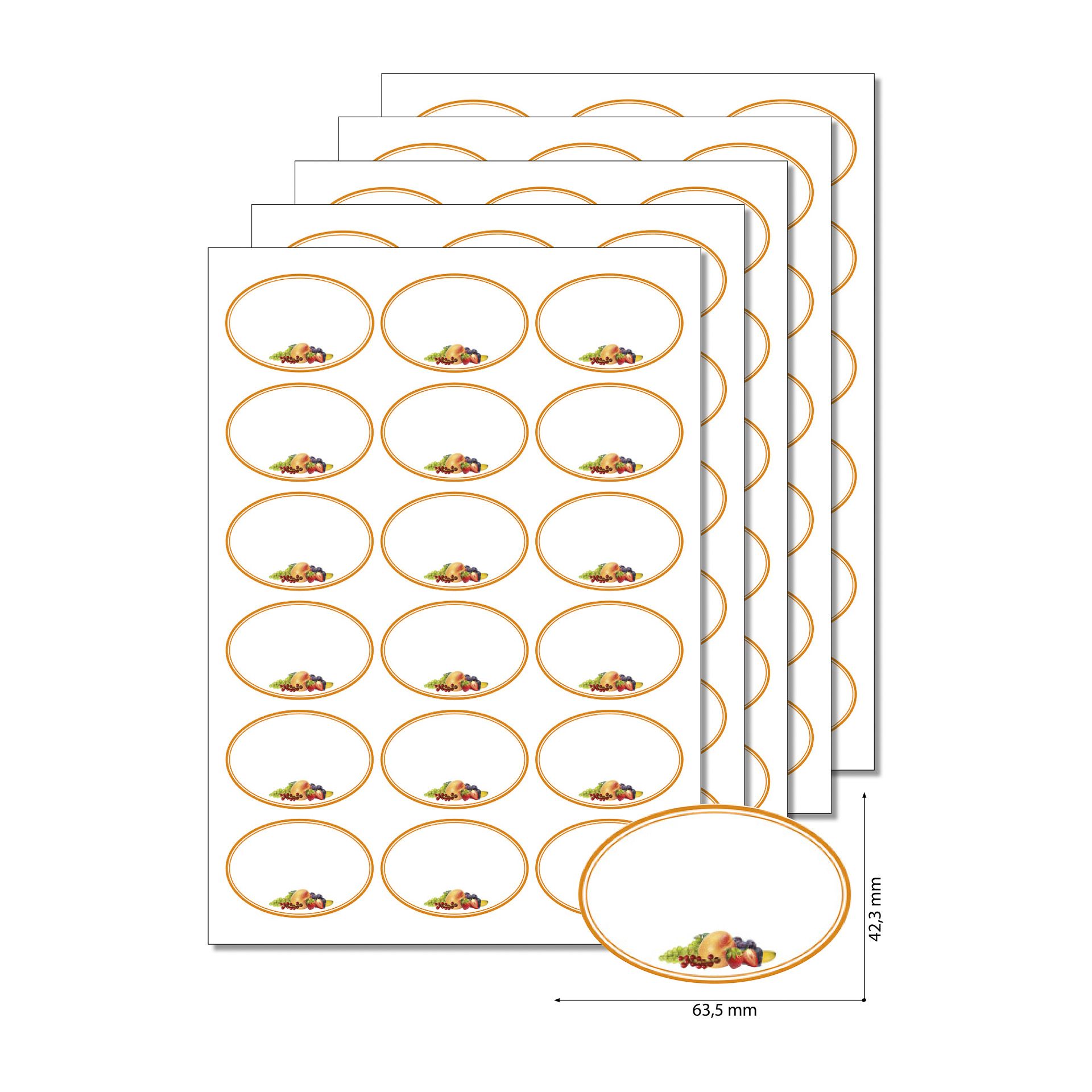Etiketten oval 'Orangener Rahmen mit Obst' -  5 Blatt A4