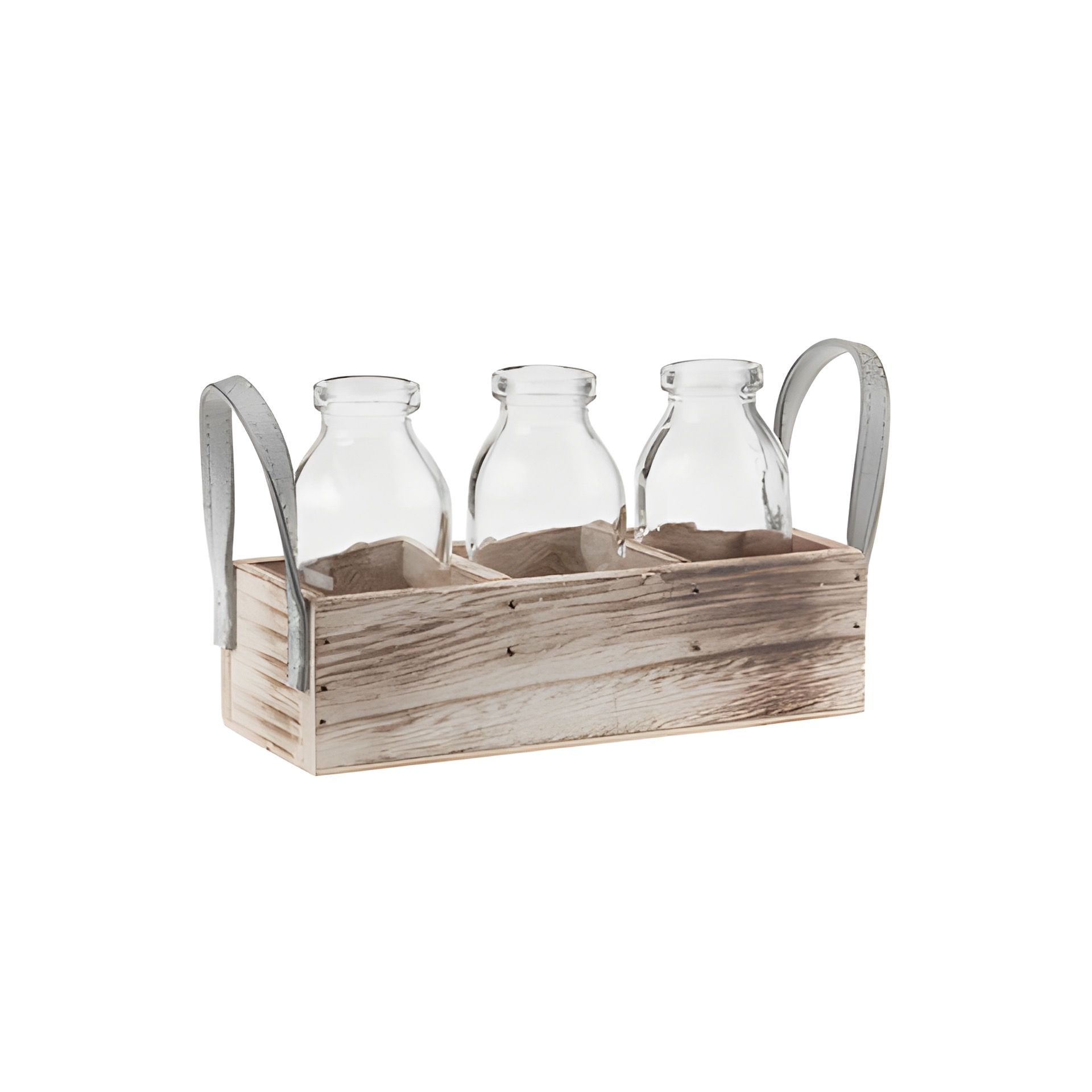 Deko-Flaschen 115 ml im 3er Holzkorb mit Griffen