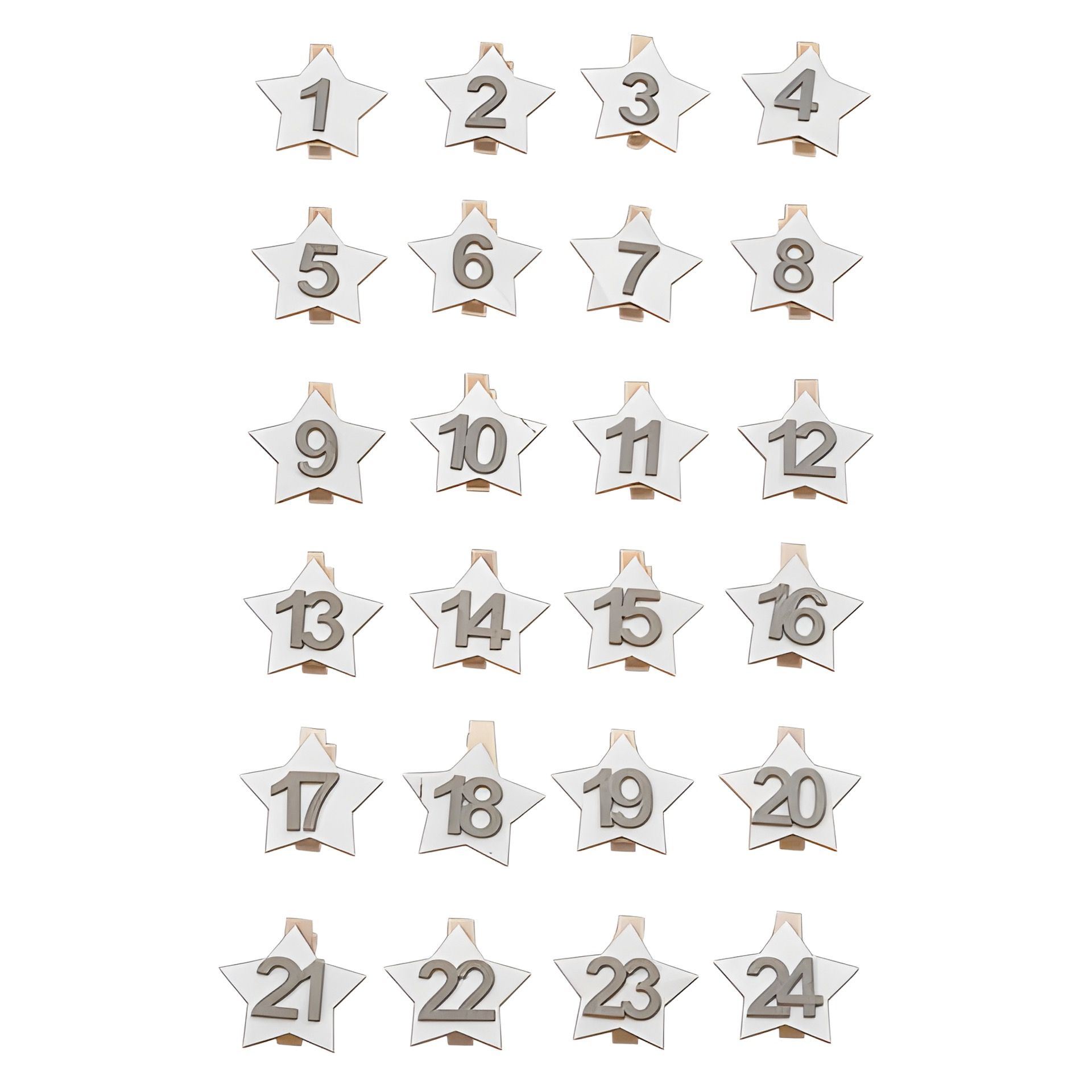Adventskalender-Zahlen 'Stern' auf Holzklammer, weiß, 24 Stück