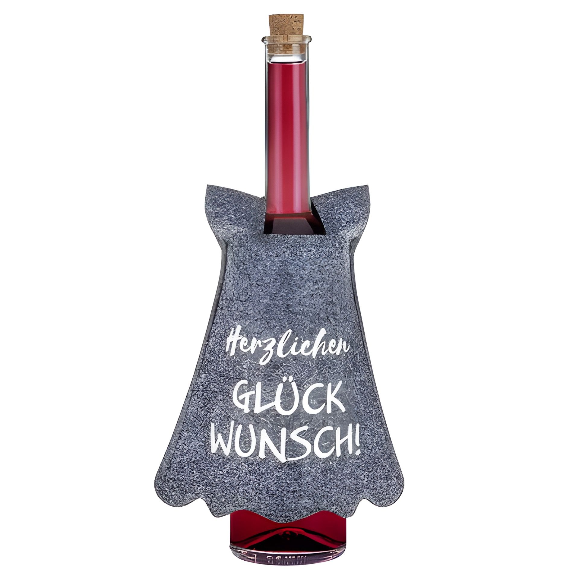 Flaschendeko Filzkleid mit 'Herzlichen GLÜCKWUNSCH!' grau