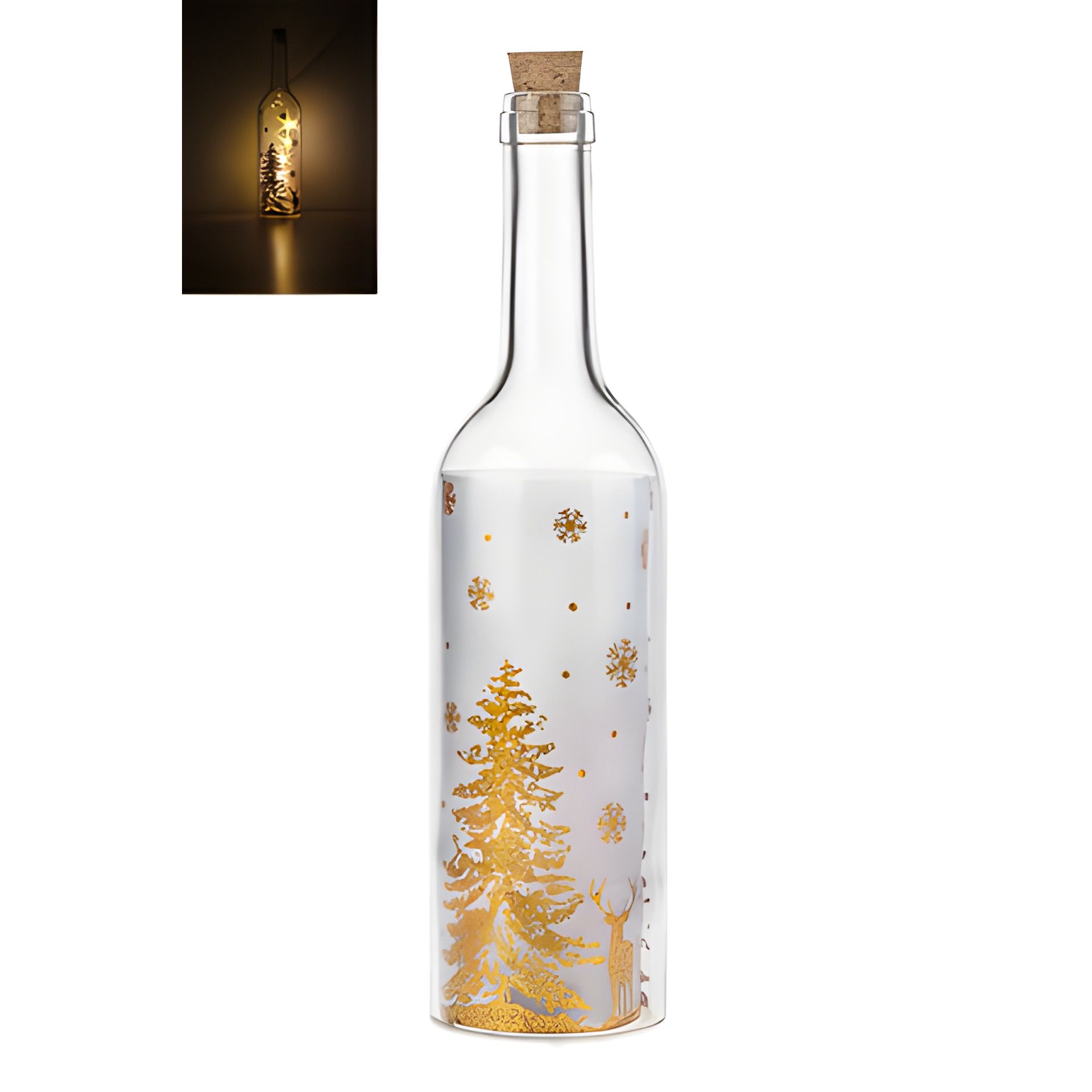 Deko-Flaschenlampe 'Winterwald' gold mit Effektfolie und 5 LEDs