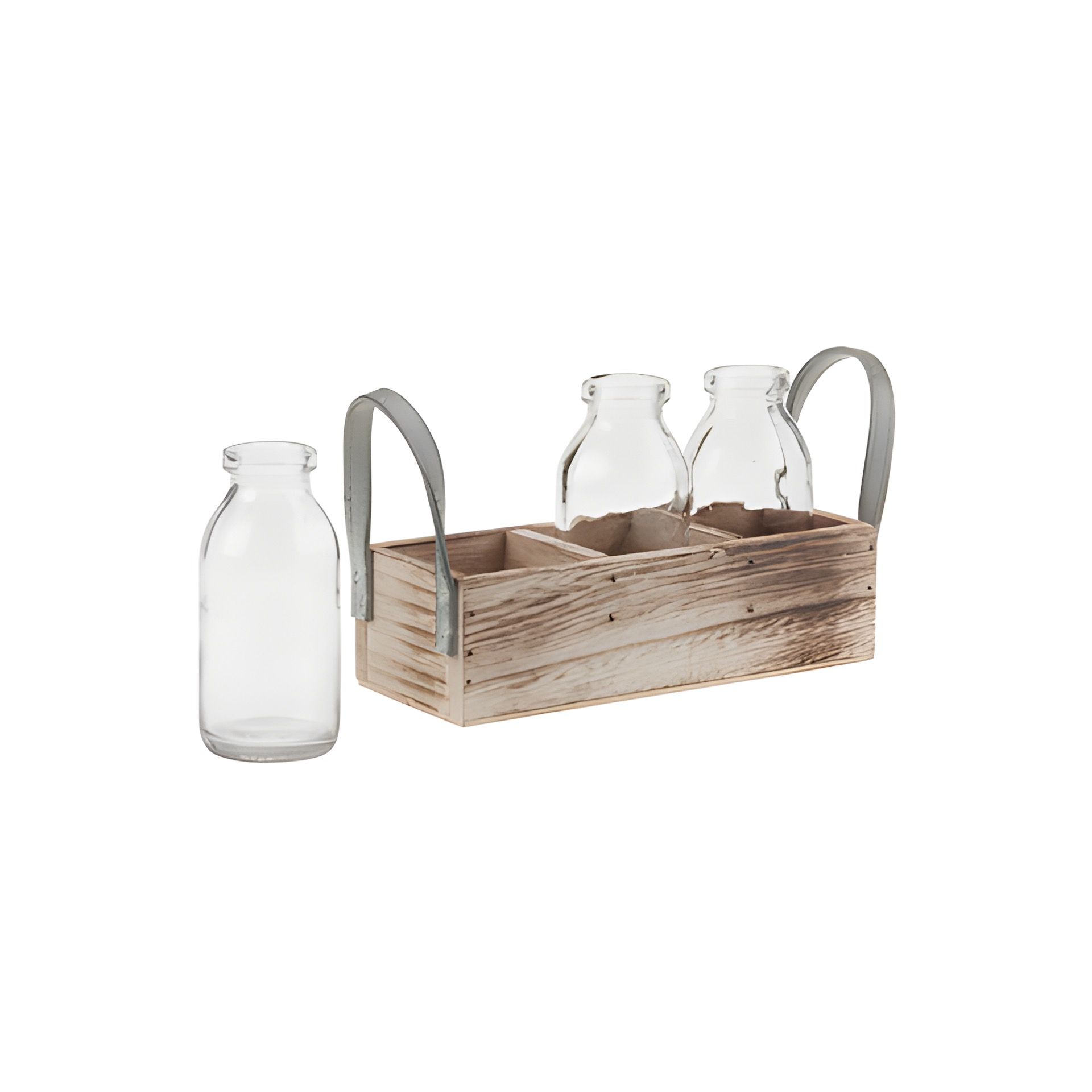 Deko-Flaschen 115 ml im 3er Holzkorb mit Griffen