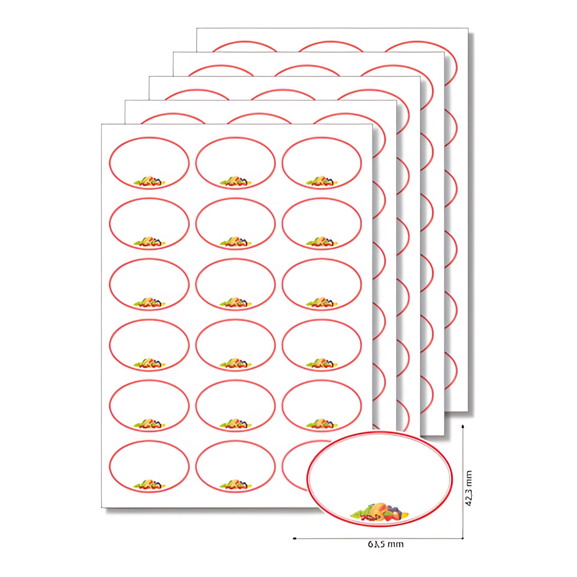 Etiketten oval 'Roter Rahmen mit Obst' - 50 Blatt A4