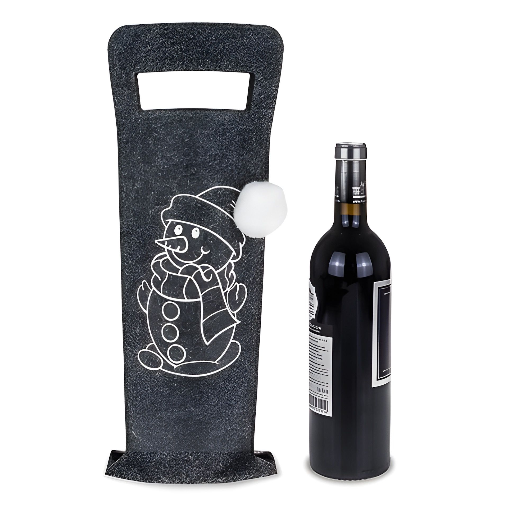 Flaschentasche 'Schneemann mit Bommel' Filz, 15 x 41 cm, grau