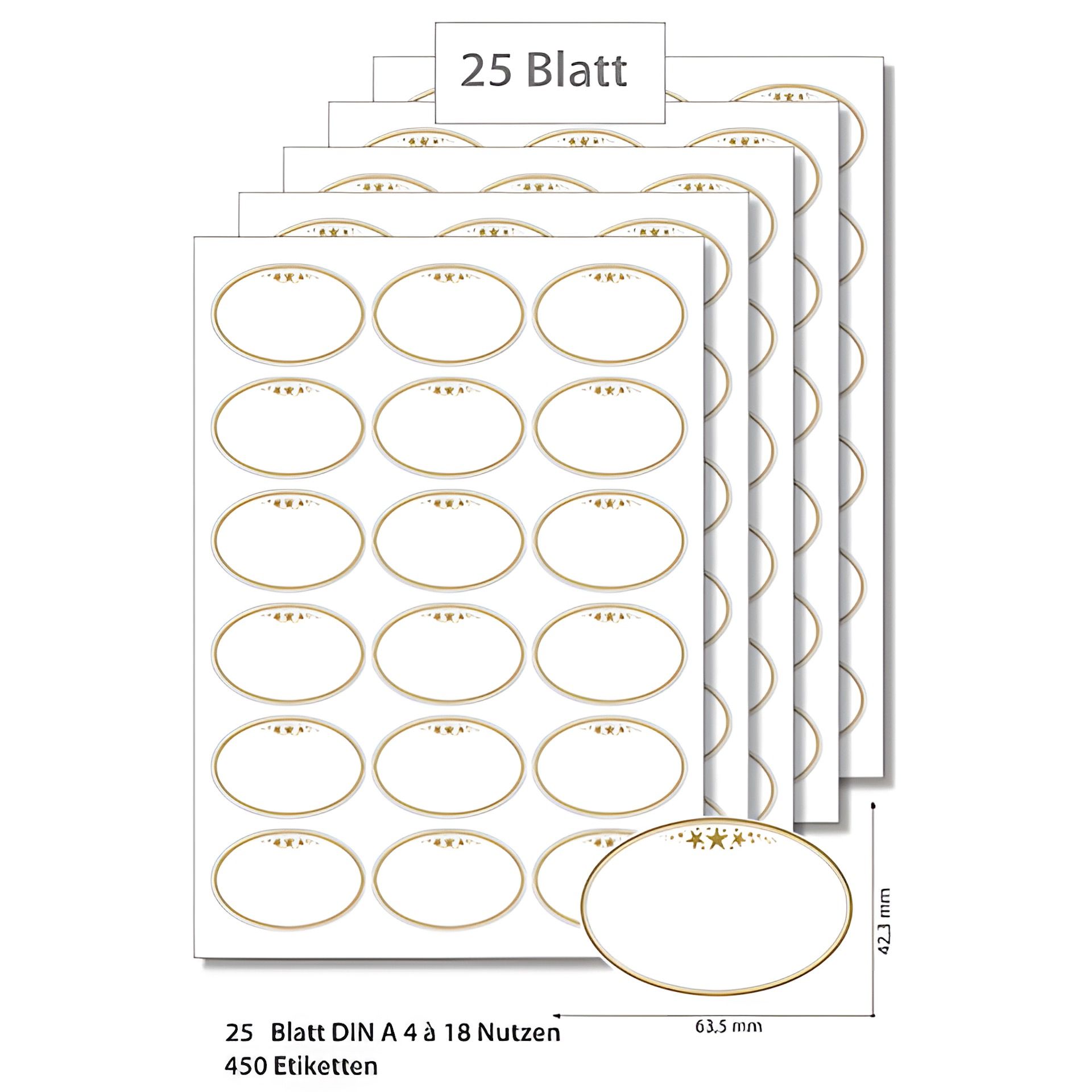 Etiketten oval 63,5 x 42,3 mm Rahmen gold mit Sternen - 25 Blatt A4