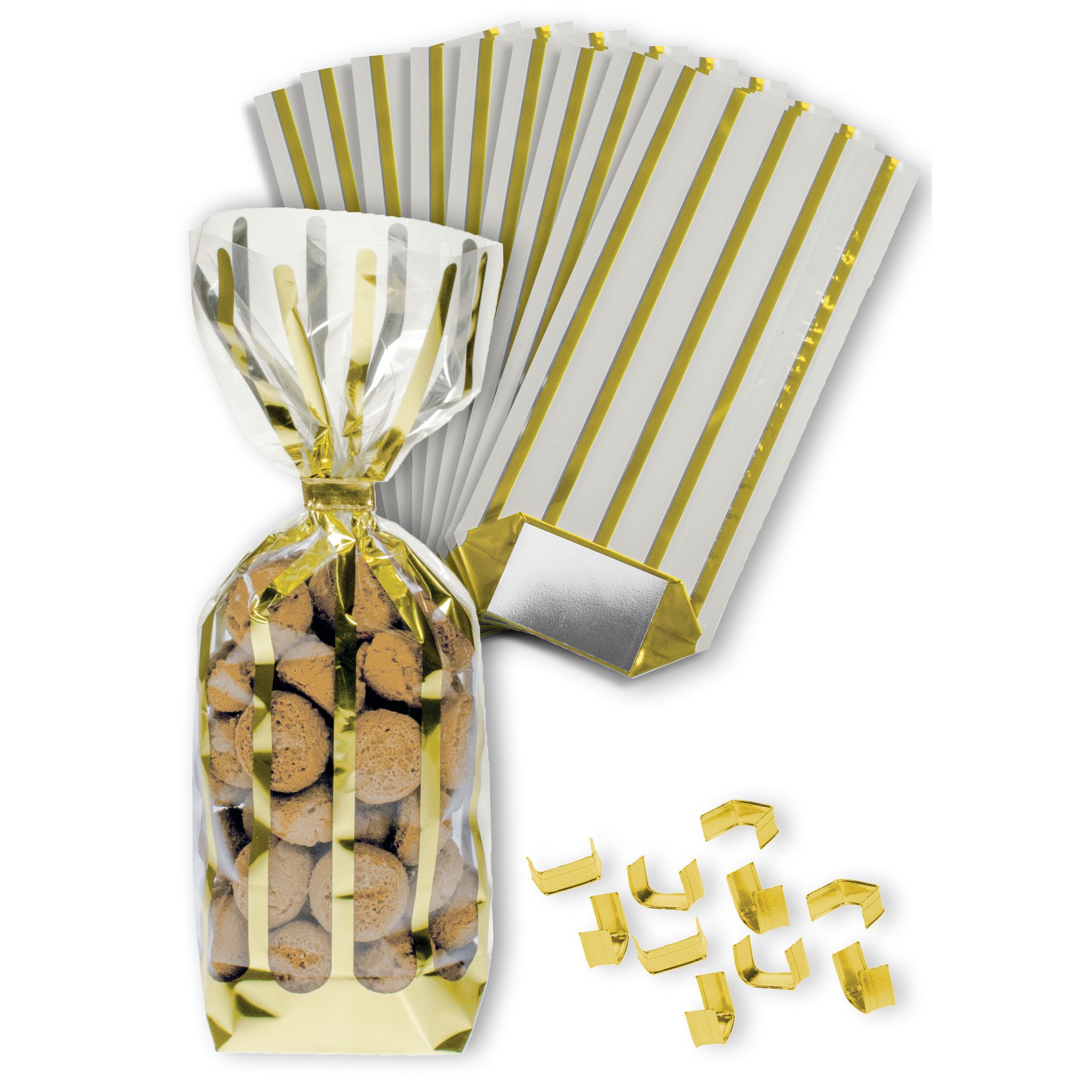 Kreuzbodenbeutel 'King gold' 100 x 220 mm, 10 Stück mit Clips
