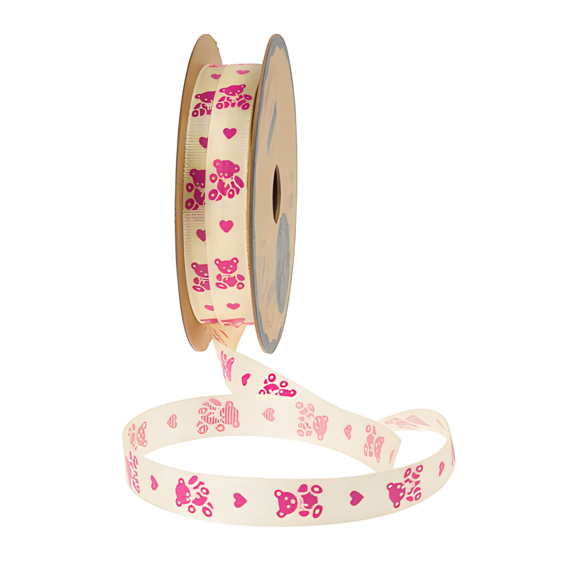 Stoffband   2 m, 8 mm 'Bärchen' creme/pink