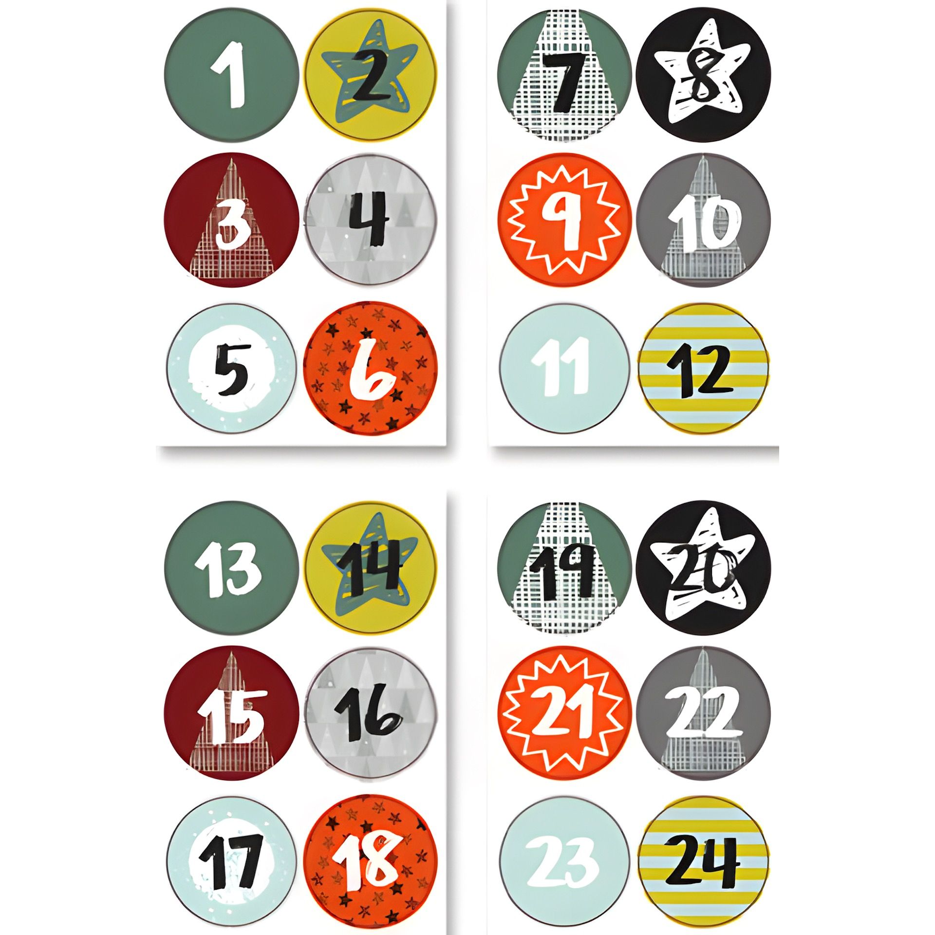 Adventskalender-Zahlen in 3 Farben, 72 Stück