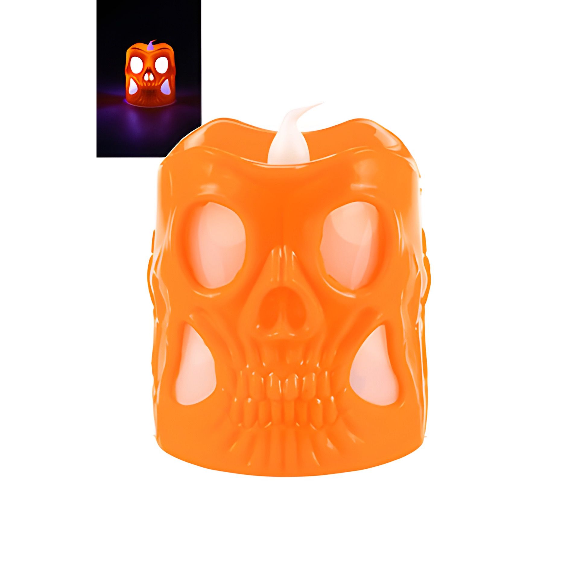 LED-Kerze 'Totenkopf' 6 x 6 cm, mit Farbwechsel, orange