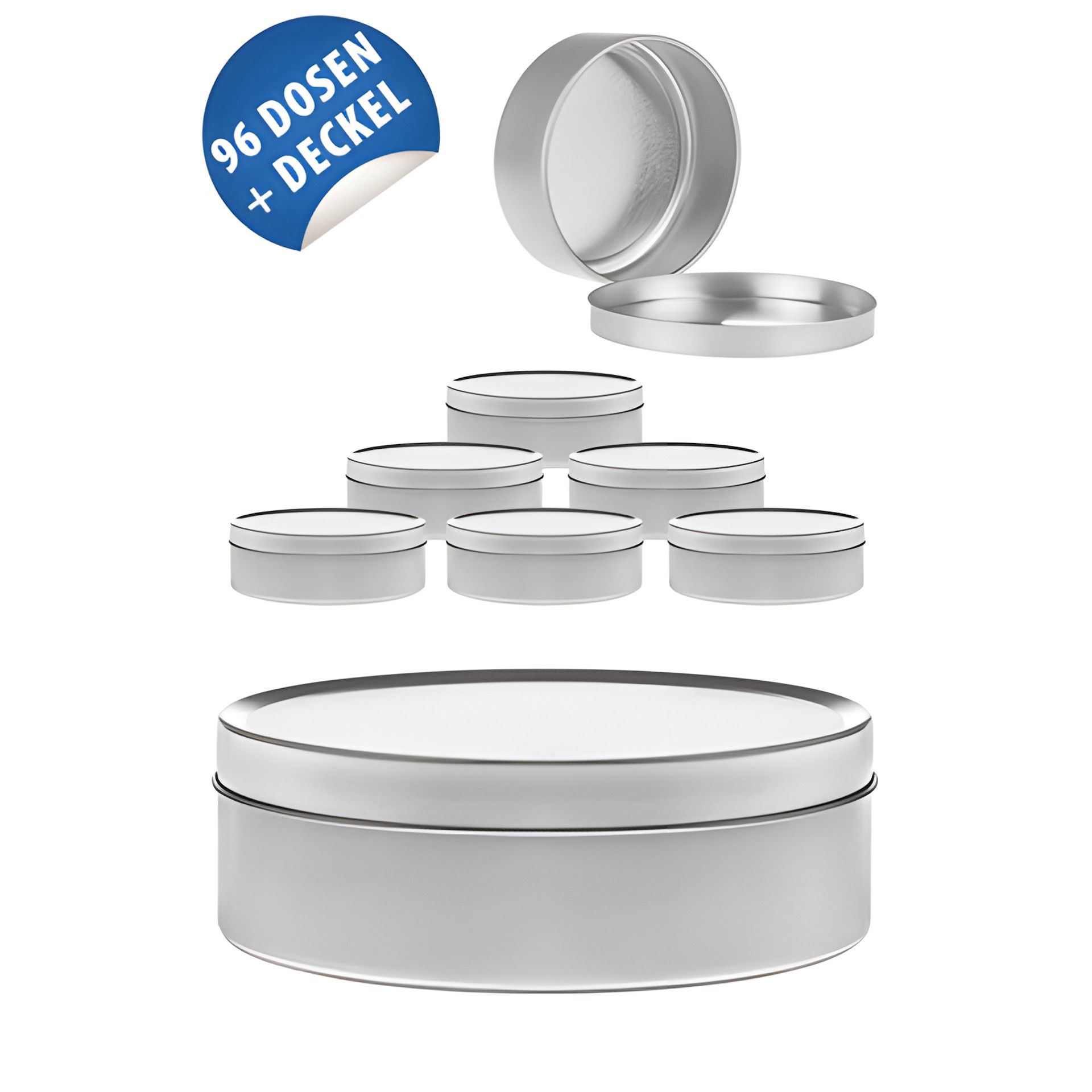 Metalldose silber, 9,7 x 3,3 cm mit Deckel, Karton 96 Stück