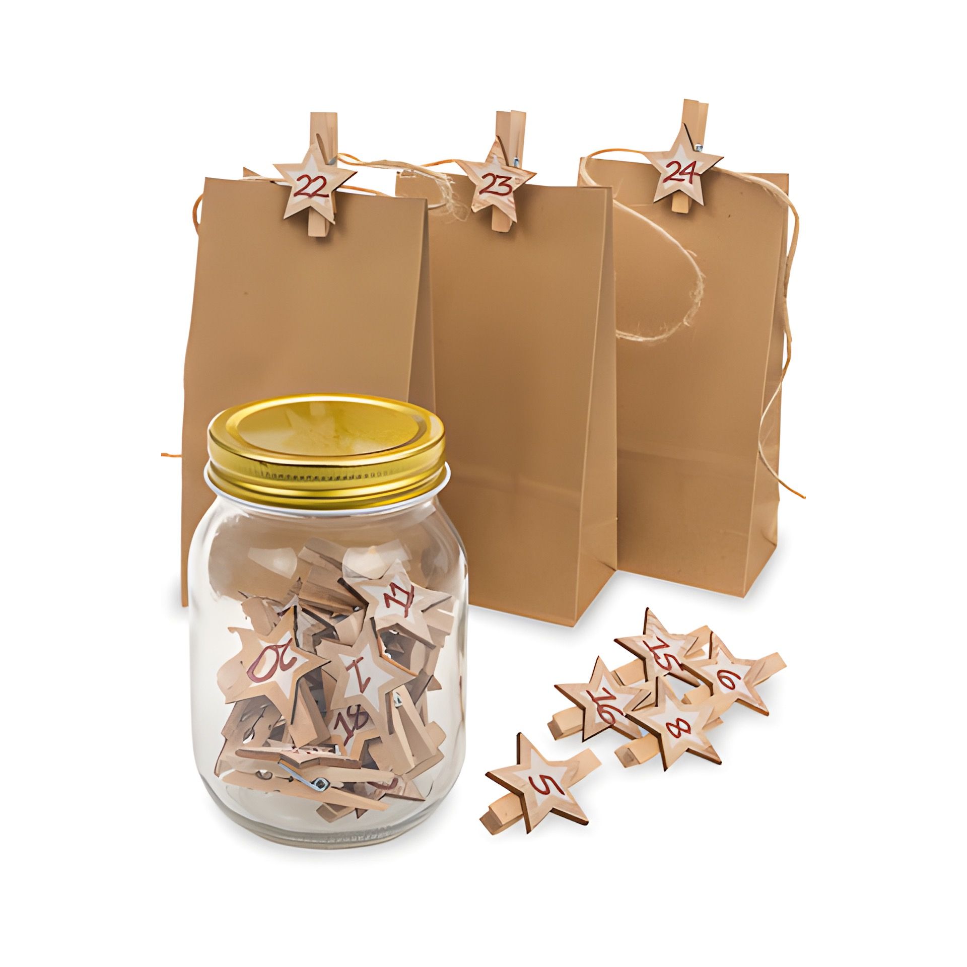 Adventskalenderset 'Holzklammern im Glas', 26-teilig
