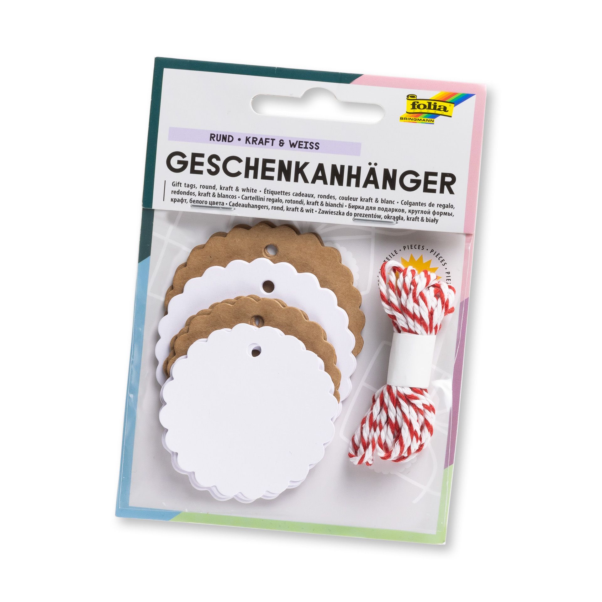 Folia Anhängeetikett rund natur/weiß, 12 Stück