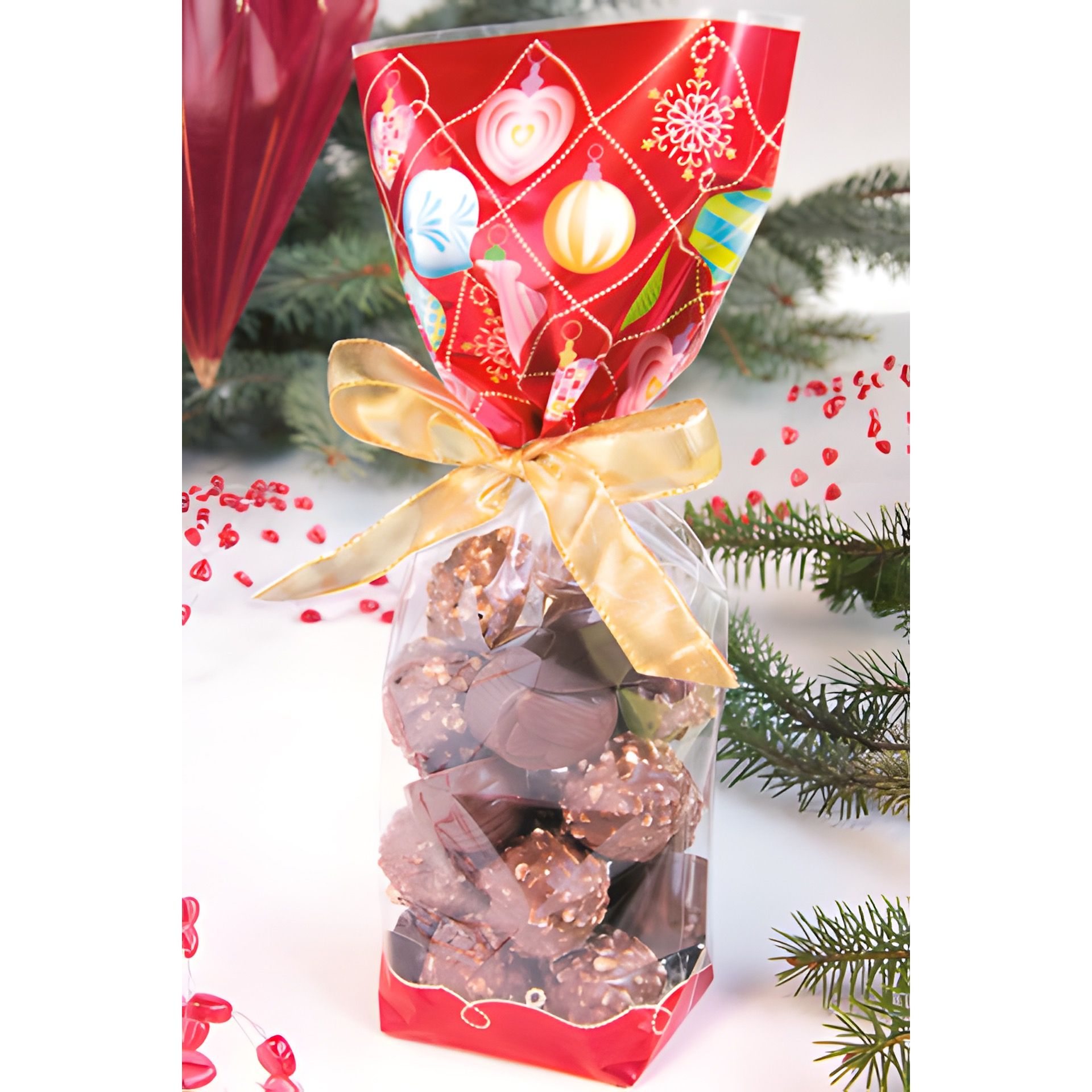 Kreuzbodenbeutel 'Christbaumkugeln' 100 x 220 mm, 10 Stück mit Clips