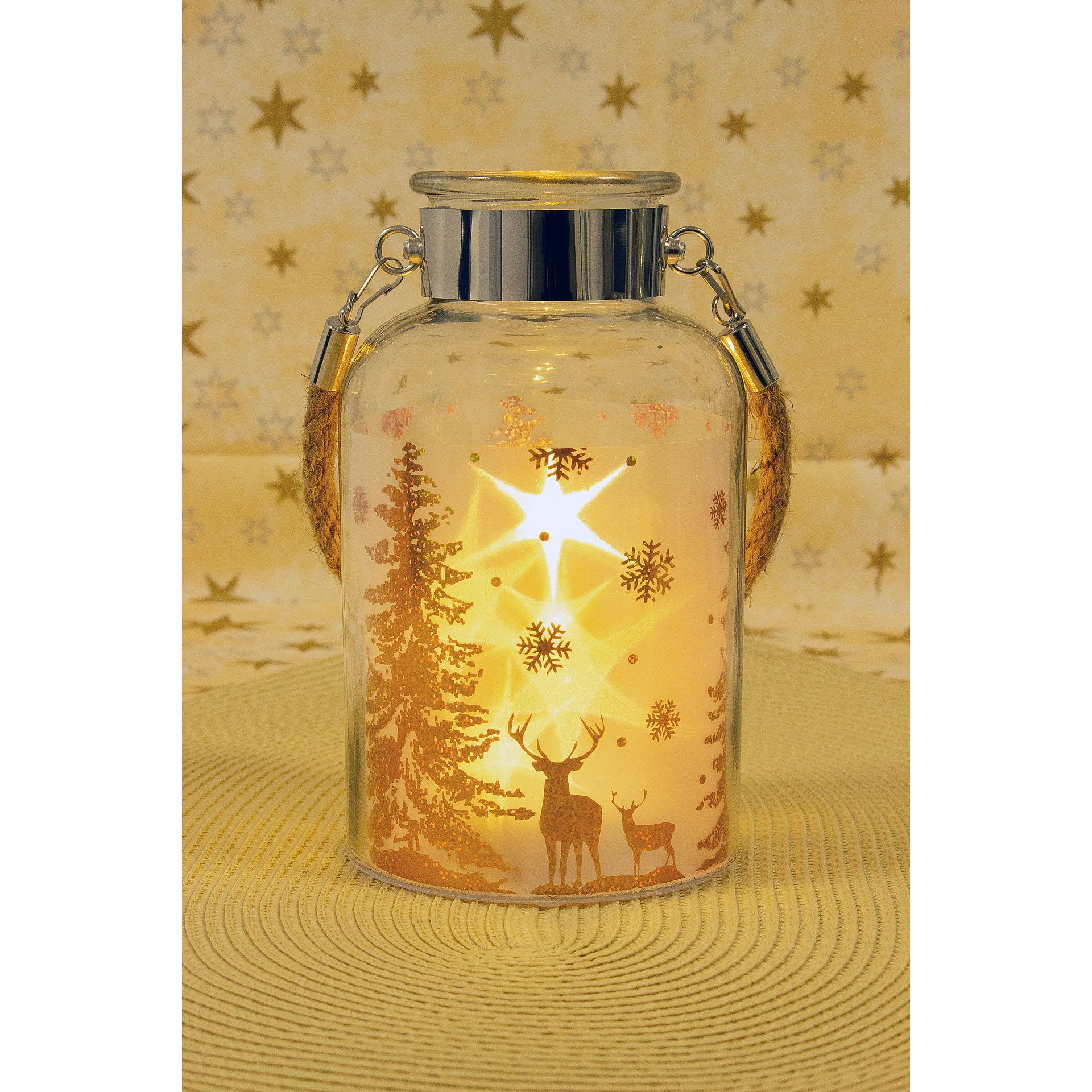 Deko-Glaslampe 'Winterwald' gold mit Effektfolie und 5 LEDs