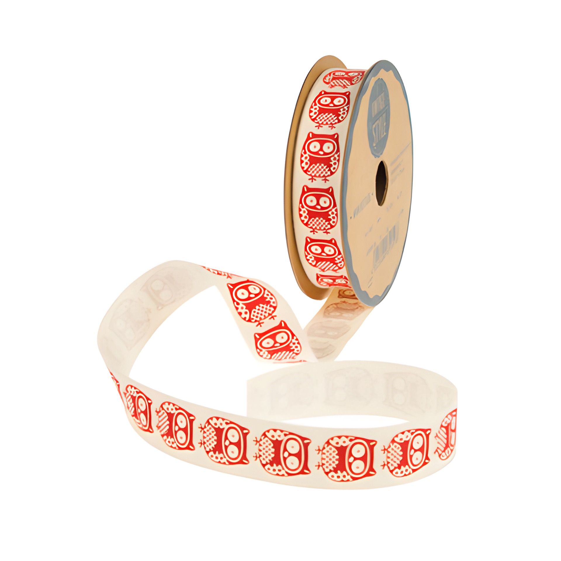 Stoffband   3 m, 15 mm 'Eulen' creme/rot