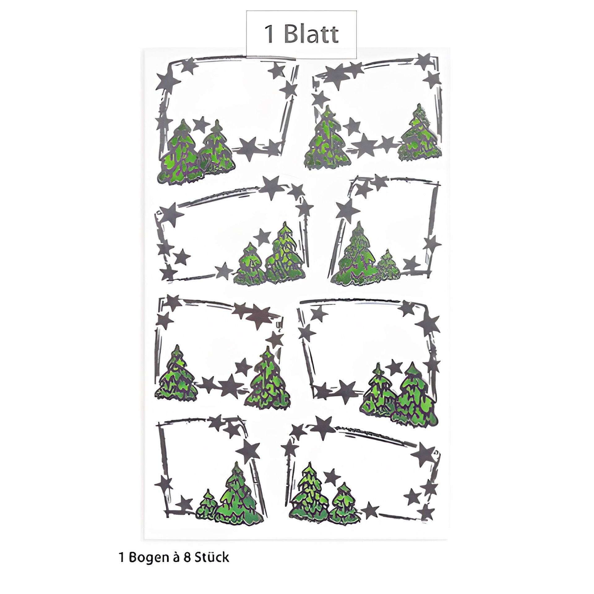 Weihnachtsetiketten 'Silberne Sterne und Tannen', 8 Stück