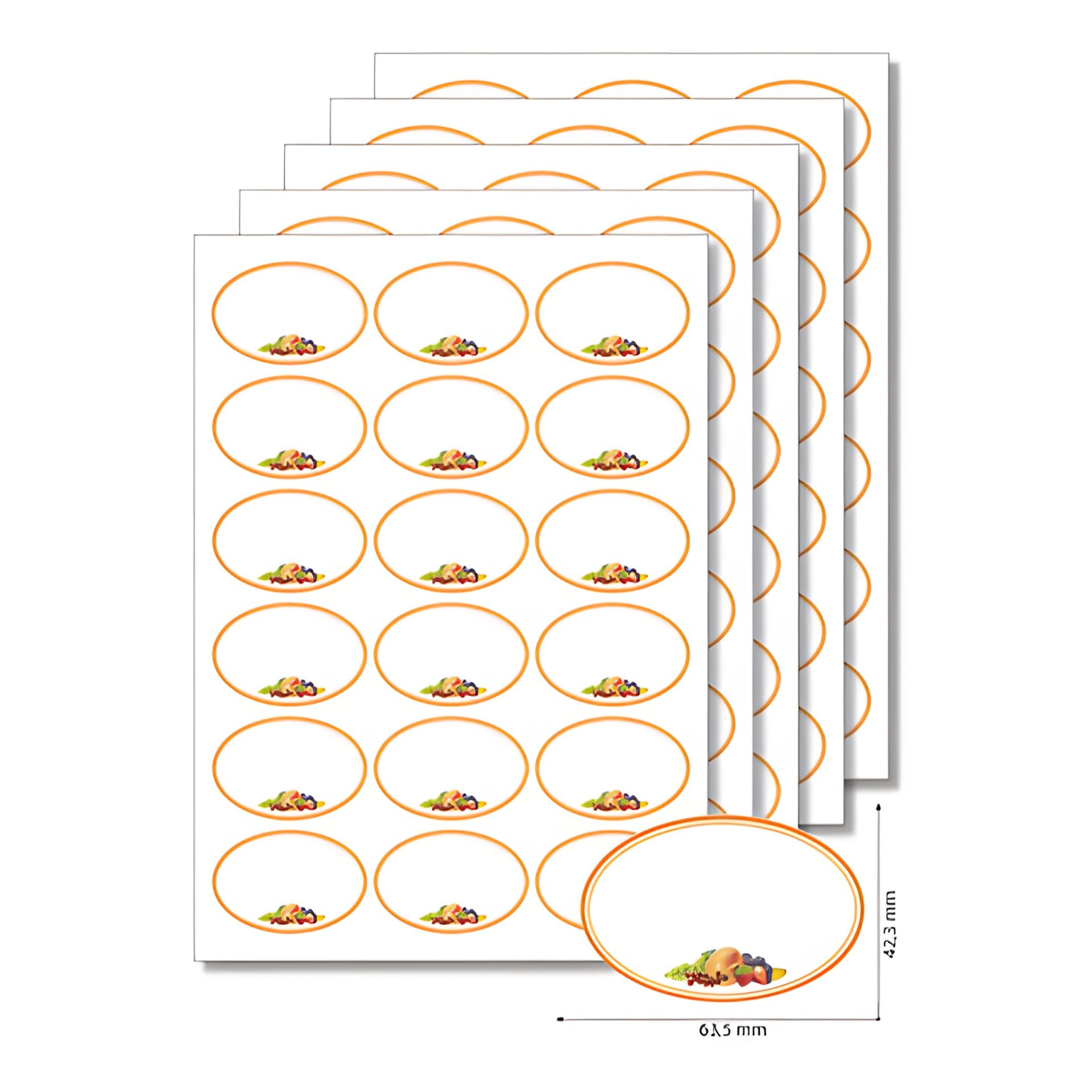 Etiketten oval 'Orangener Rahmen mit Obst' -  5 Blatt A4