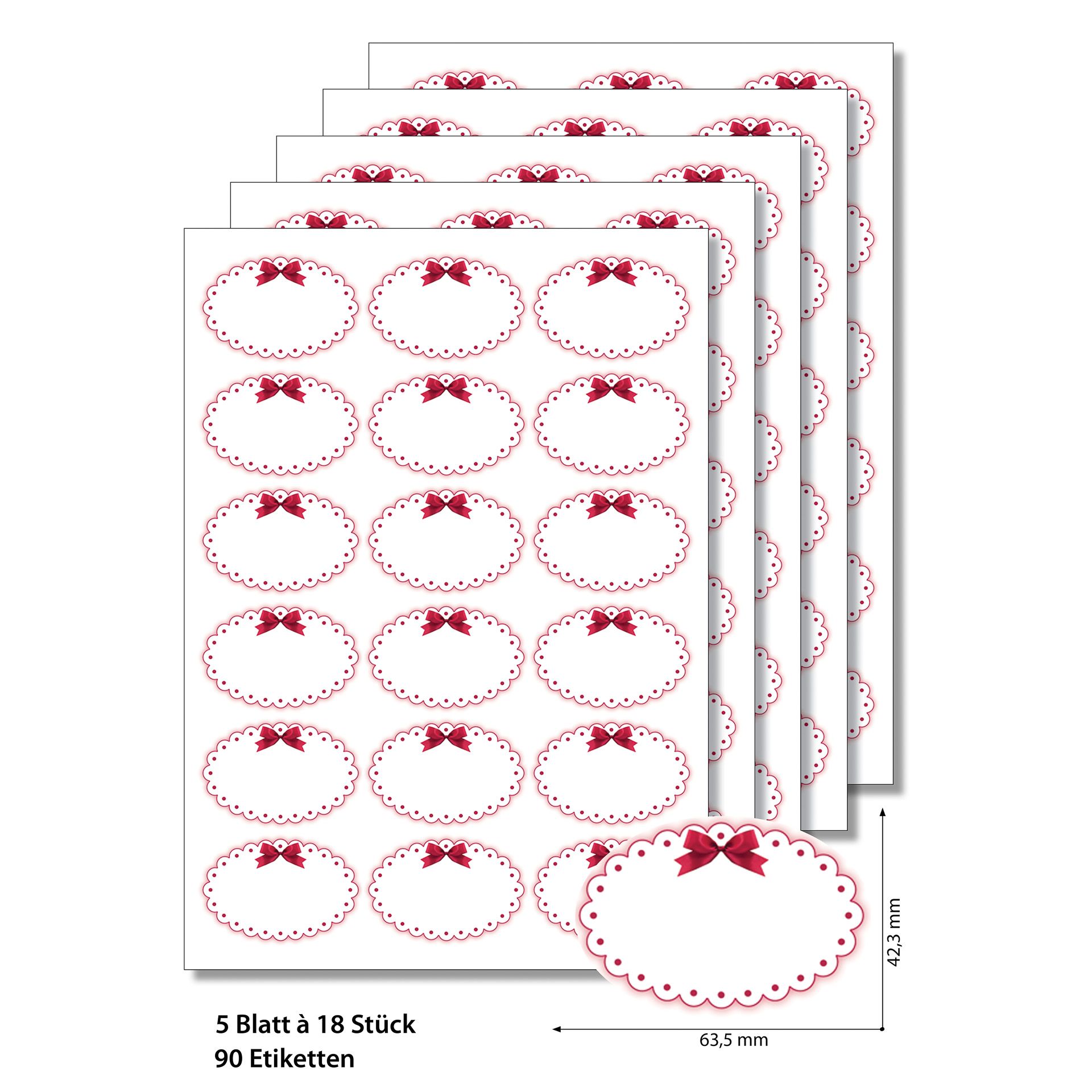 Etiketten oval 'Roter Rahmen mit Schleife' - 50 Blatt A4