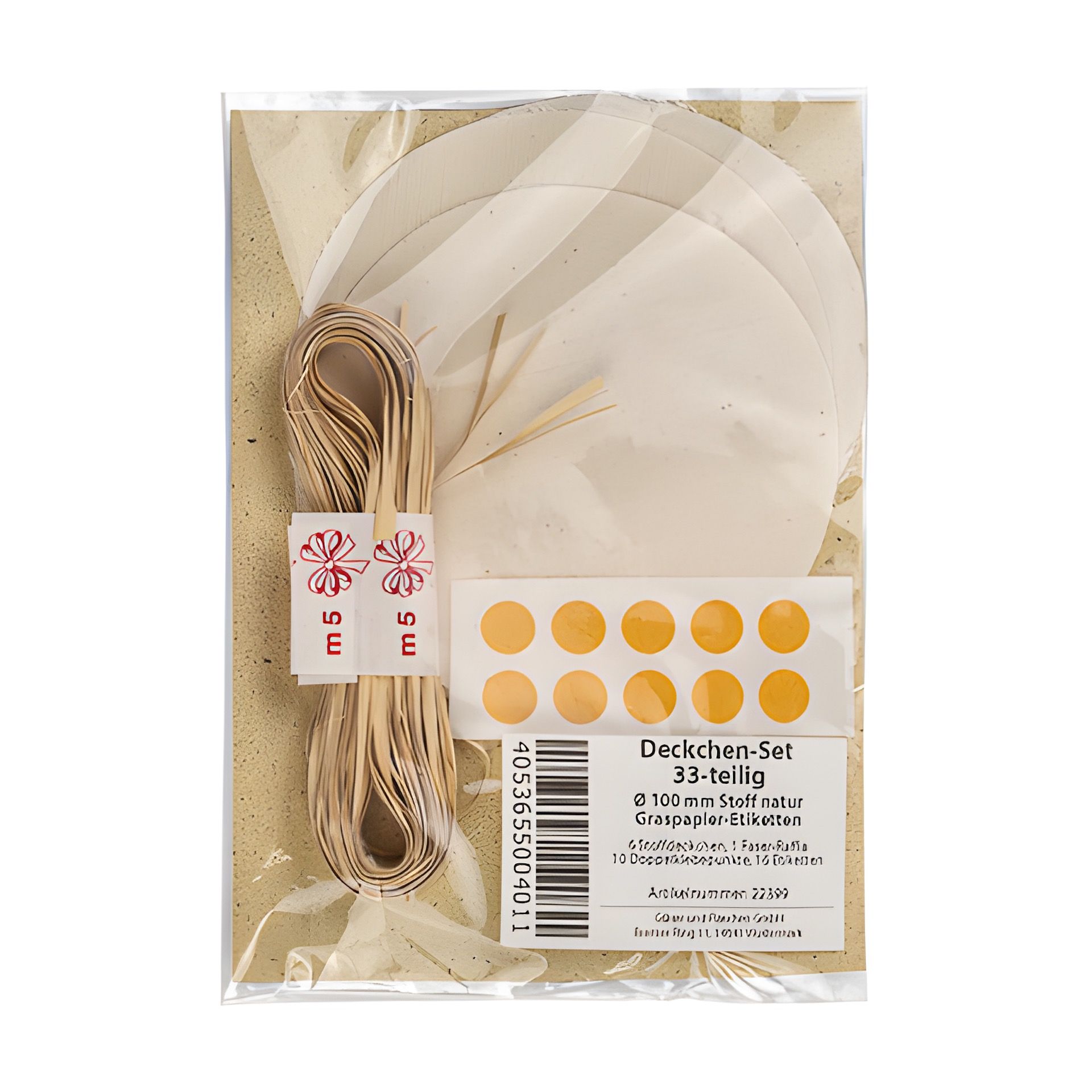 Deckchen-Set Ø 100 mm natur mit Grasetiketten, 33-teilig