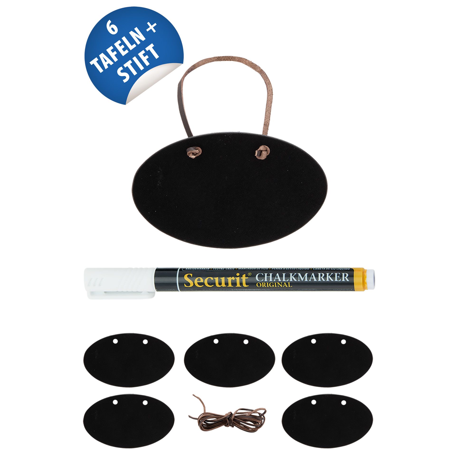 Kreidetafel-Anhängeetikett oval, 6 Stück plus Stift