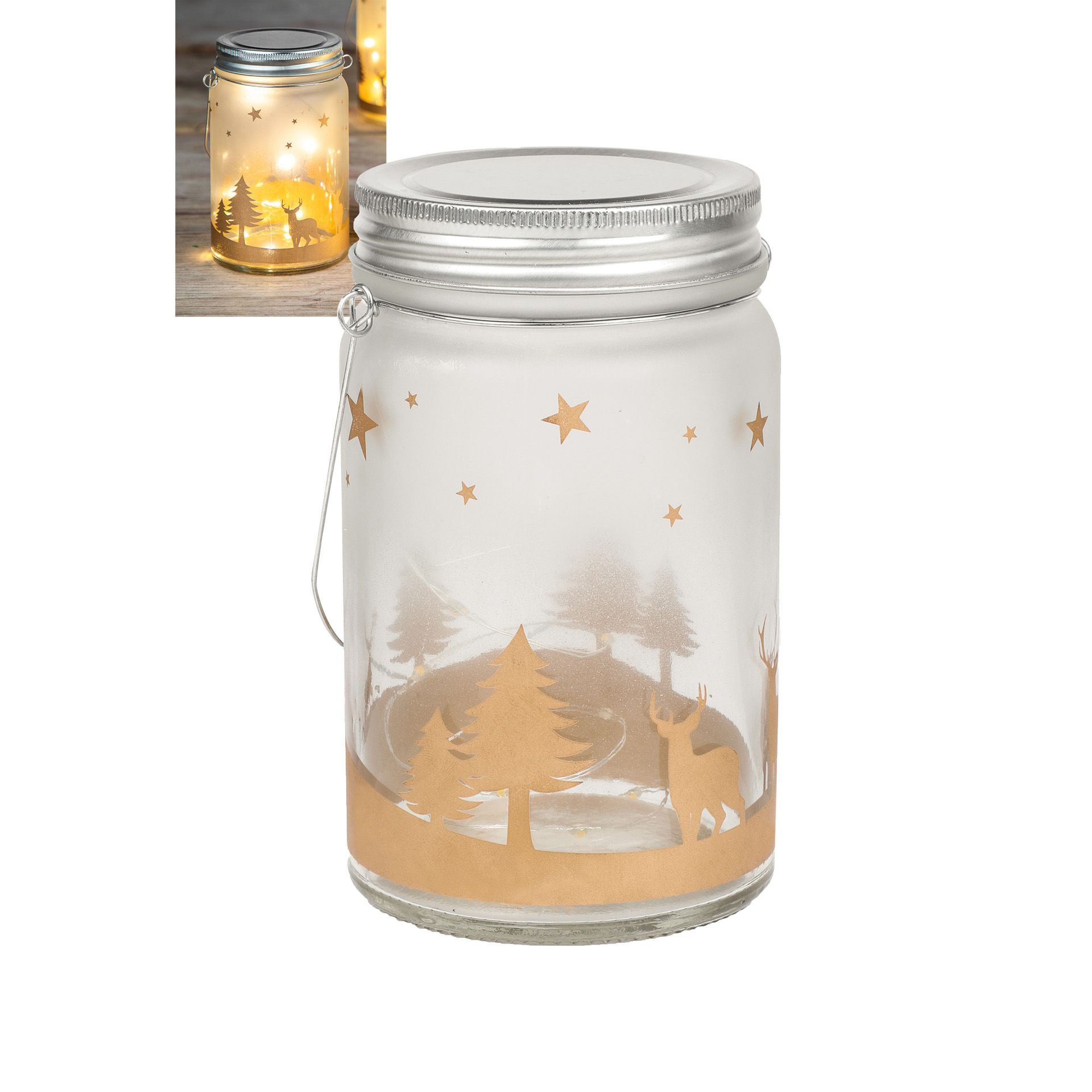 Deko-Glas 'Rentiere' mit Drahthenkel 14,5 cm, 10 LEDs