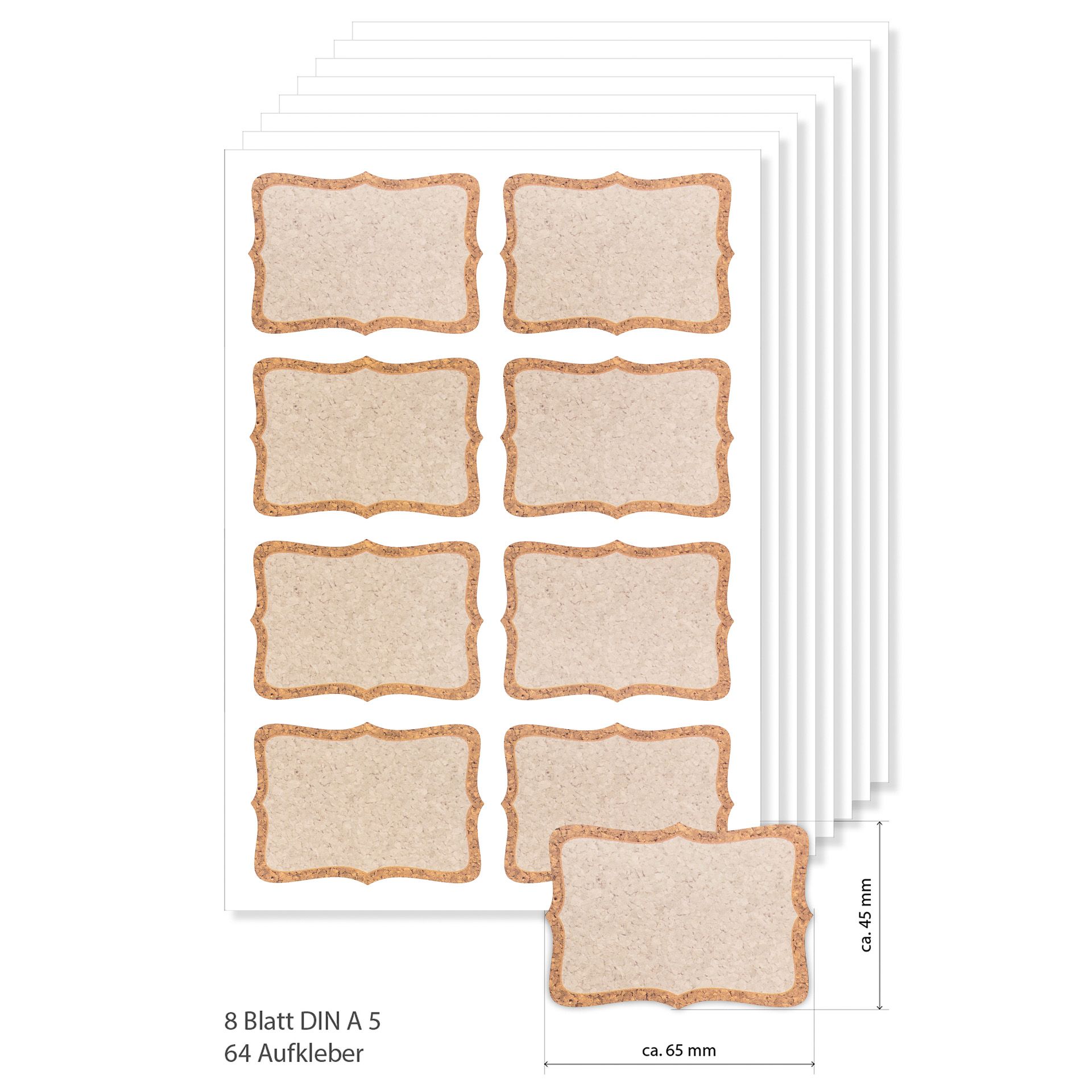 Etiketten 65 x 45 mm 'Korkdekor' dunkel, A5, 64 Stück
