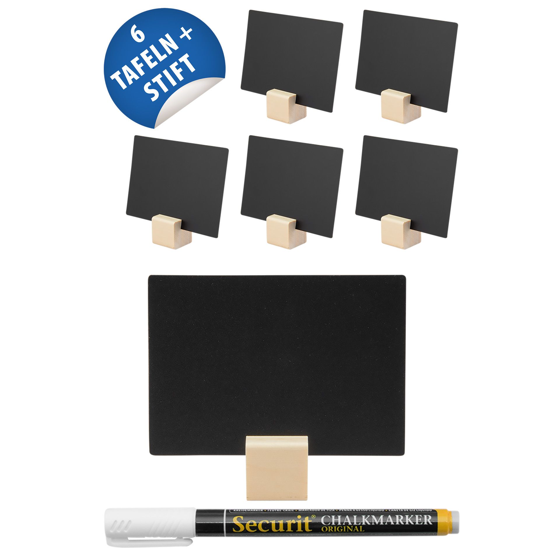 Kreidetafel mit Holzständer, 6 Stück plus Stift