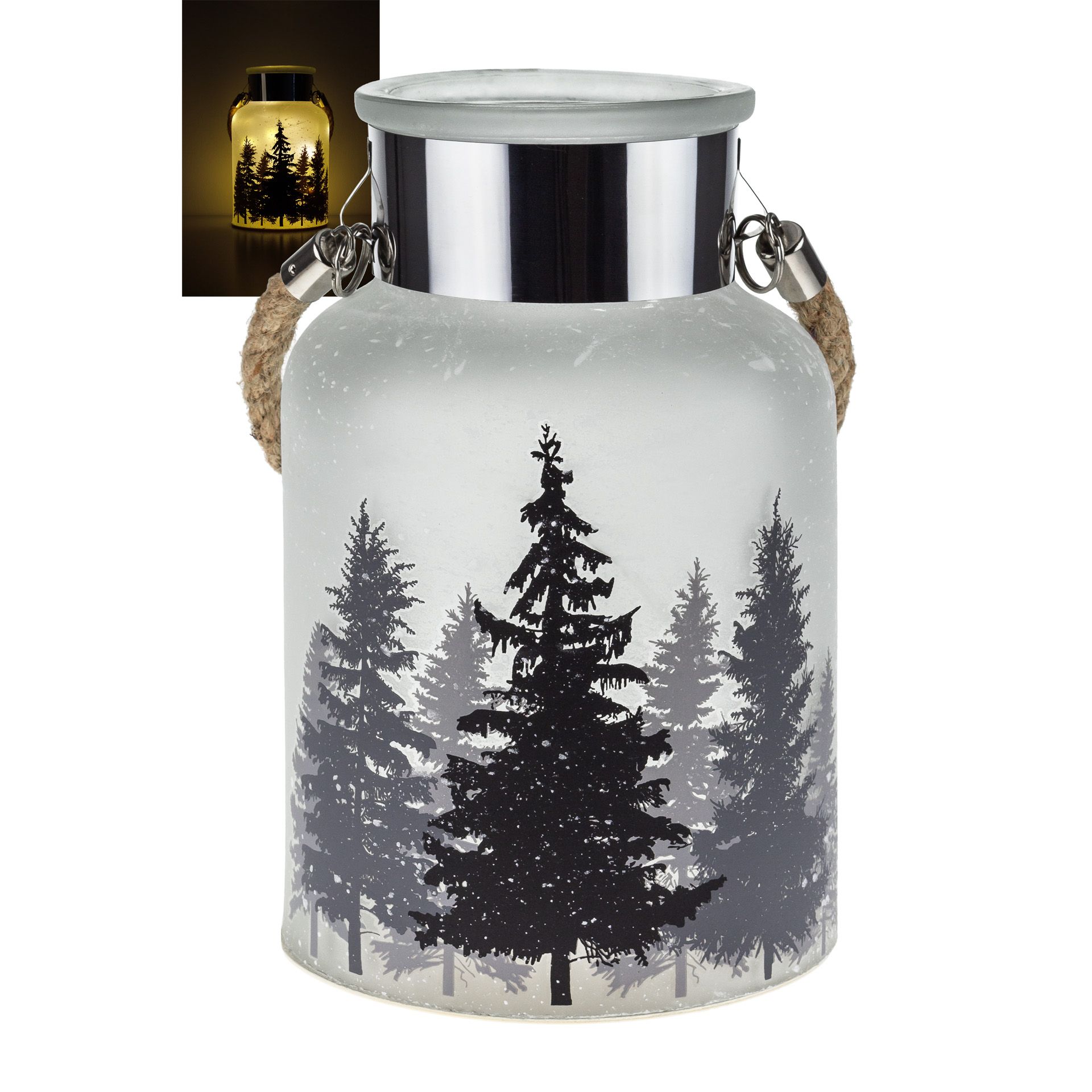Deko-Glaslampe 'Tannenwald im Schnee' 24 cm, 10 LEDs