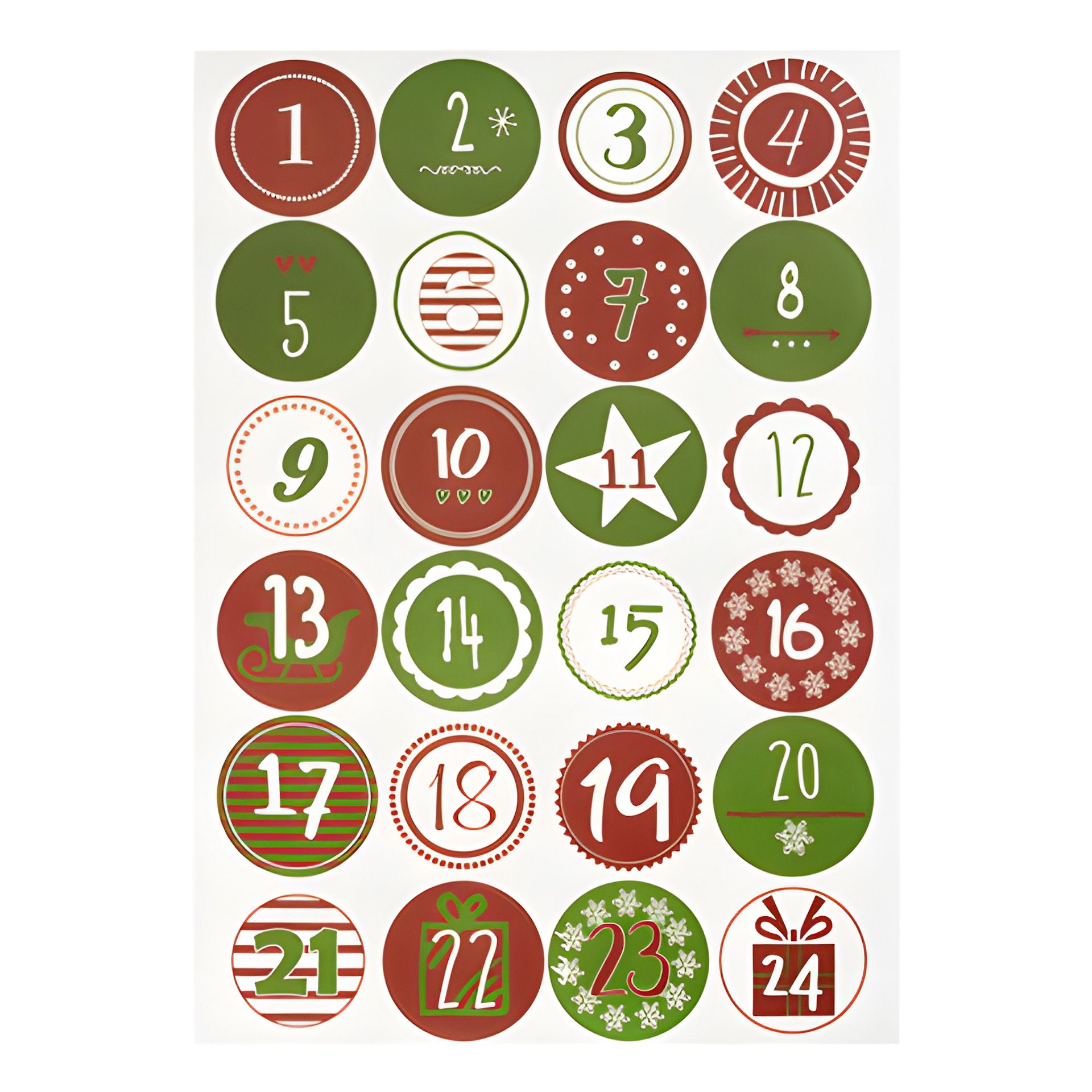 Adventskalender-Zahlen mit Muster, rot/grün, 24 Stück
