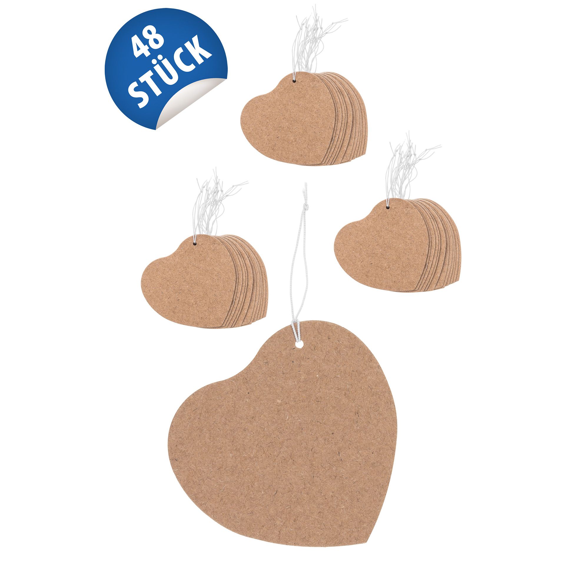 Anhängeetiketten ‘Herz’ 7 cm natur, 48 Stück