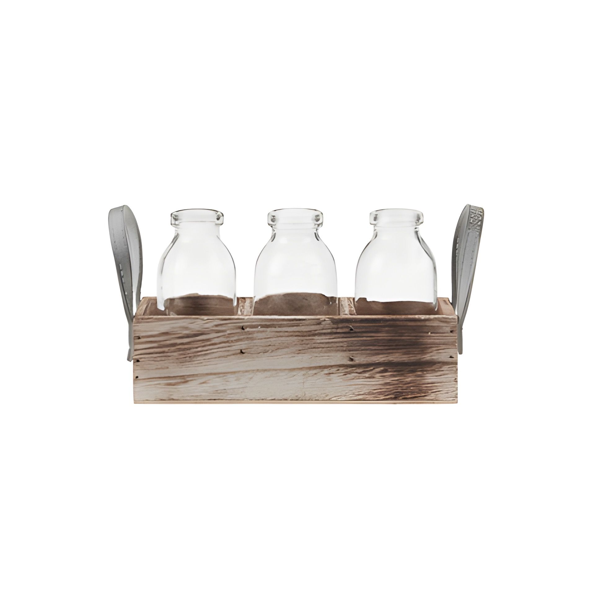 Deko-Flaschen 115 ml im 3er Holzkorb mit Griffen