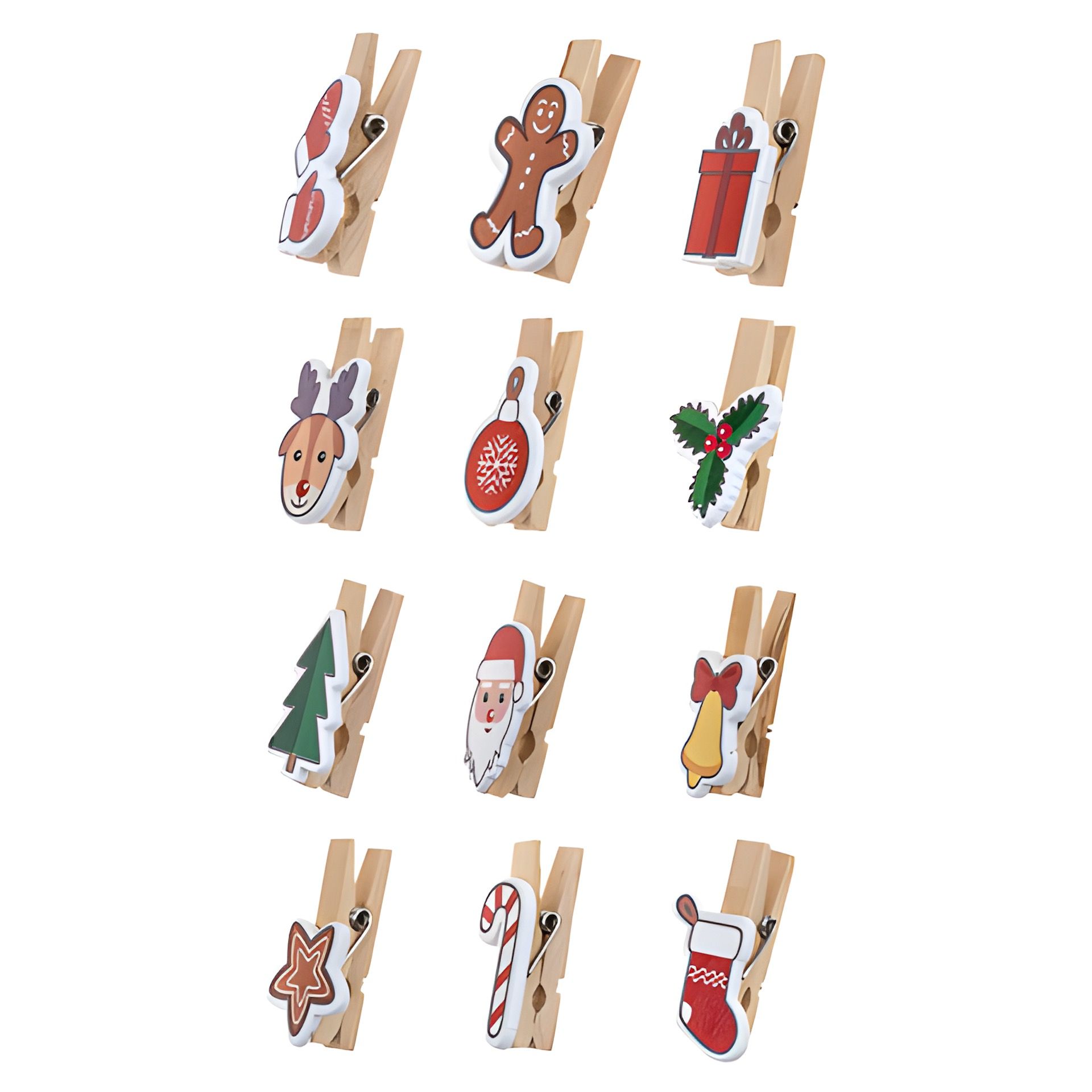 Holzklammern 'Weihnachten' mit Juteschnur, 12 Stück