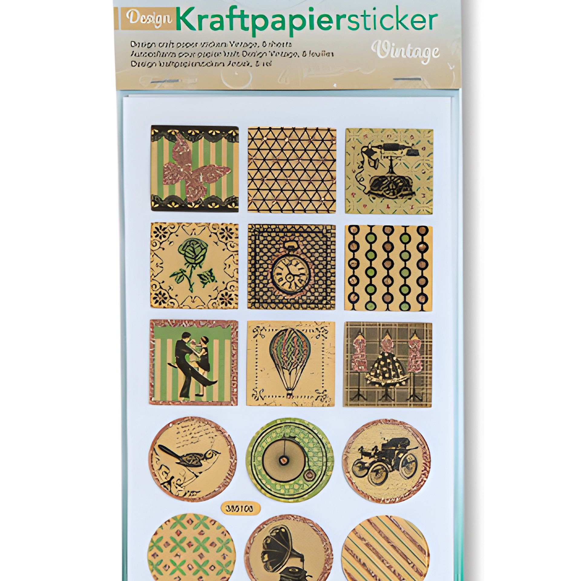 Kraftpapier-Sticker 'Vintage', ca. 10 x 16 cm, 8 Blatt, 4 Motive