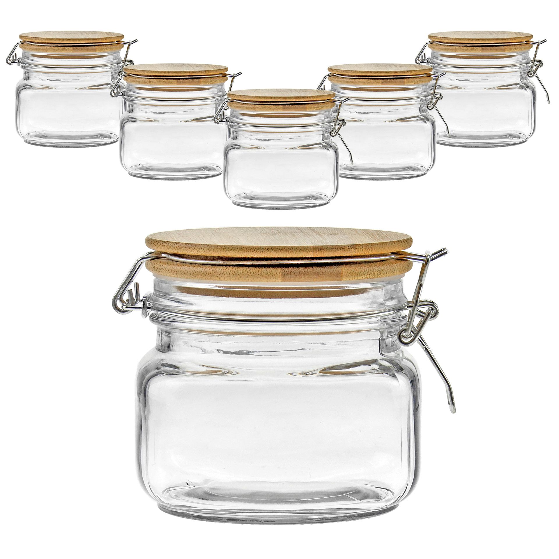 Bügelglas 500 ml eckig mit Bambusdeckel, 6 Stück