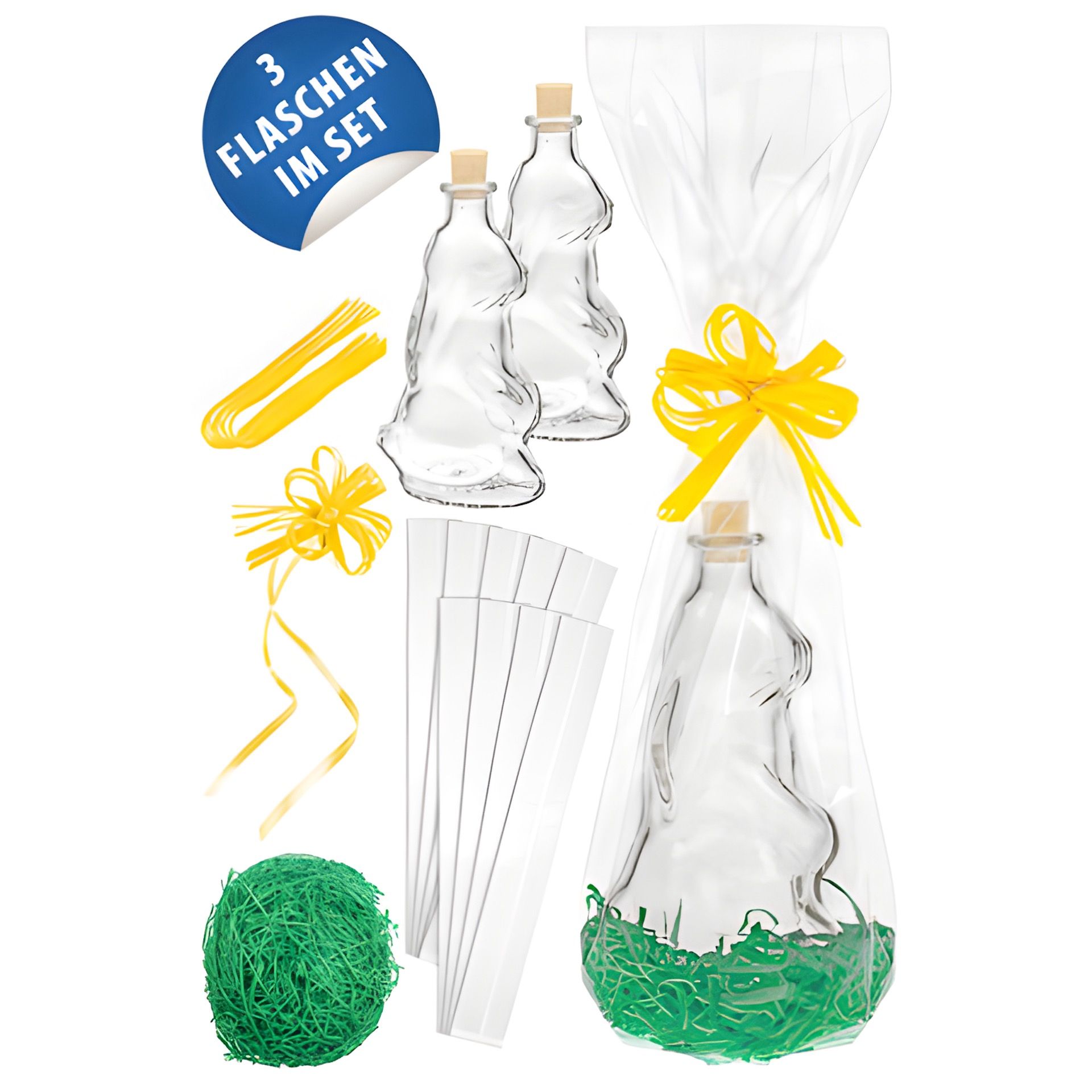 Hasenflaschen 200 ml mit Deko, 3er Set