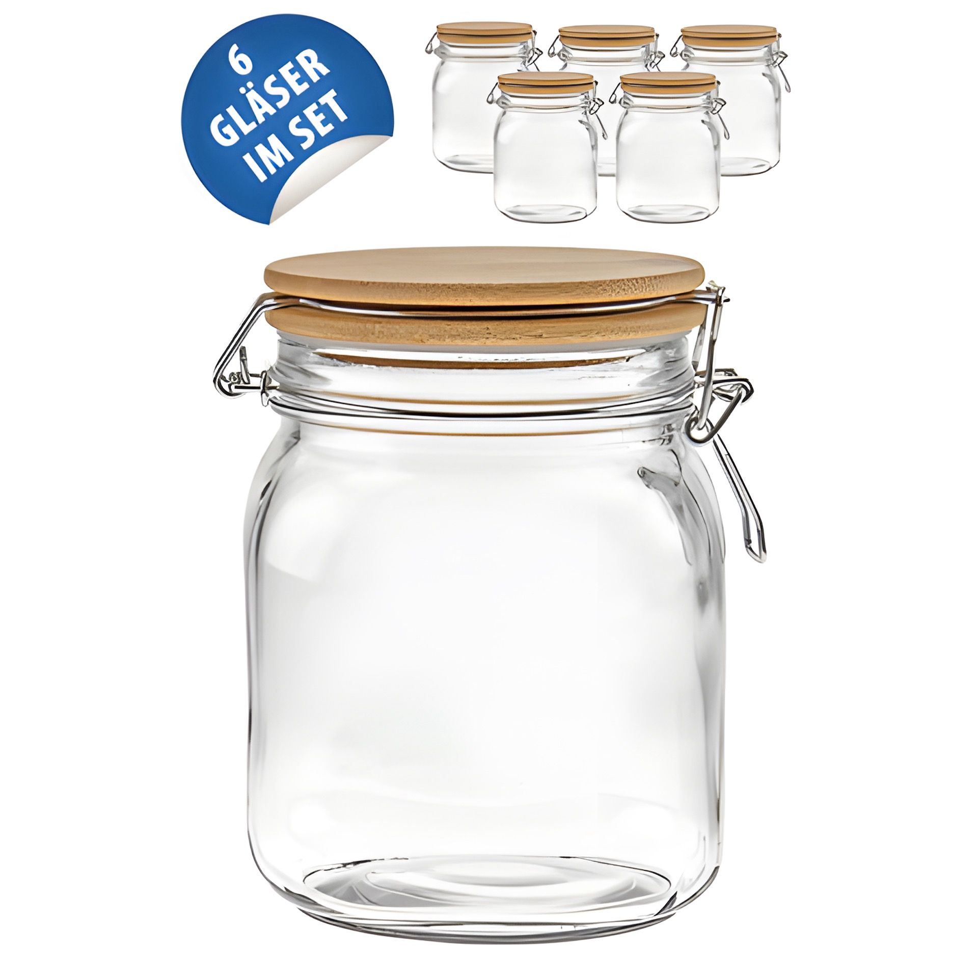 Bügelglas 1000 ml eckig mit Bambusdeckel, 6 Stück