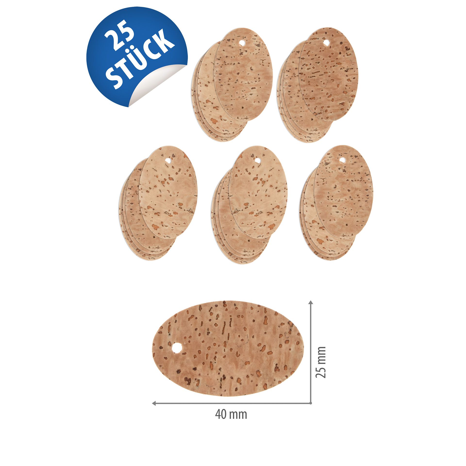 Kork-Anhängeetikett oval 2,5 x 4 cm, 25 Stück