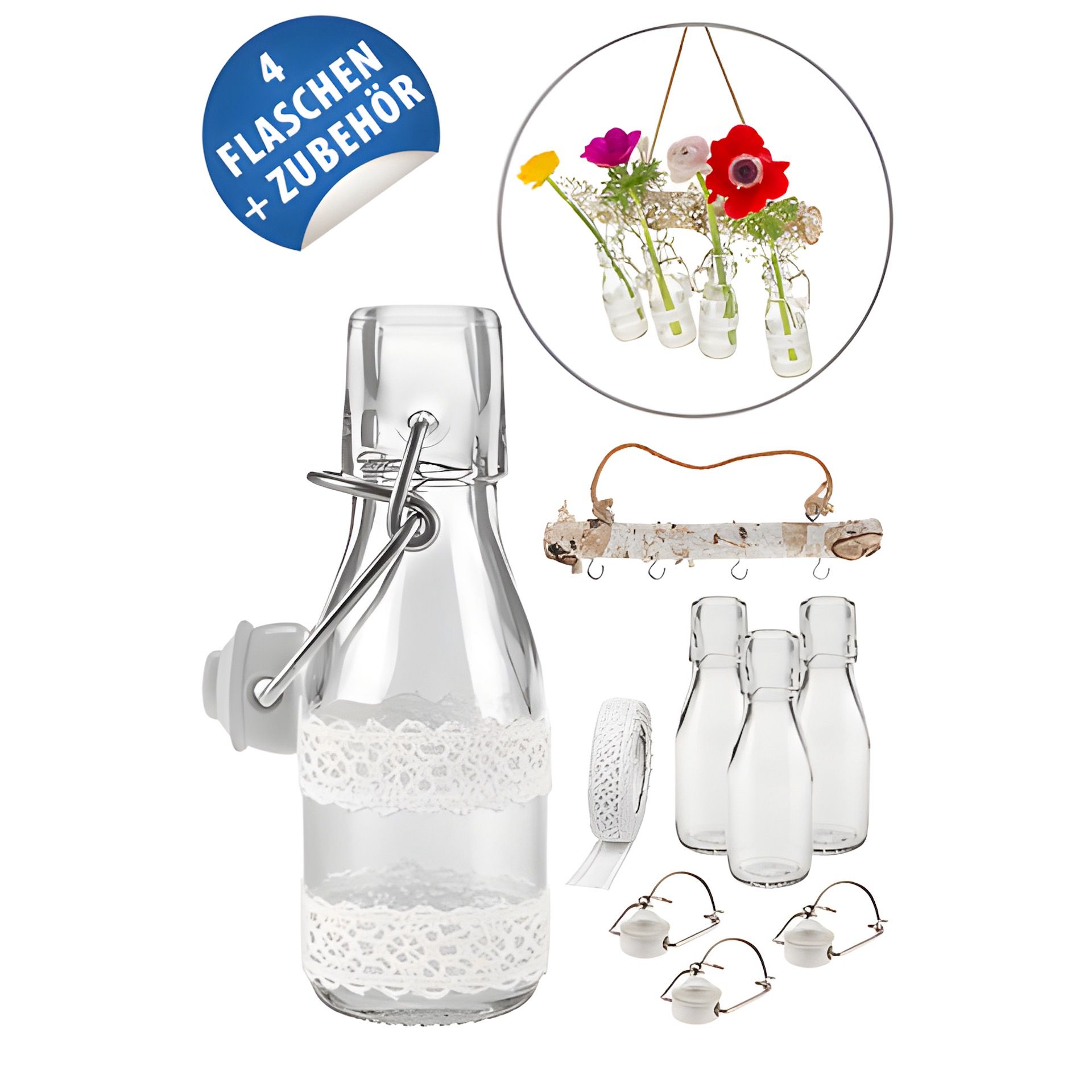 Blumen in Bügelflasche, 4er-Set