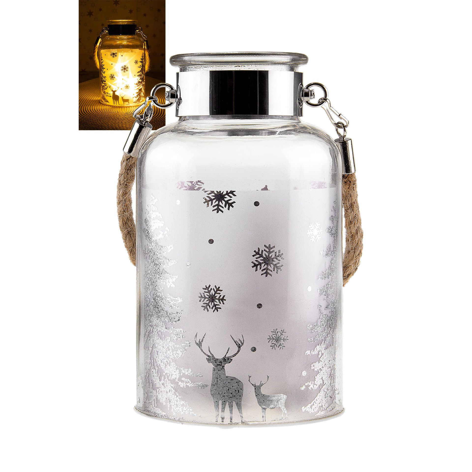 Deko-Glaslampe 'Winterwald' silber mit Effektfolie und 5 LEDs