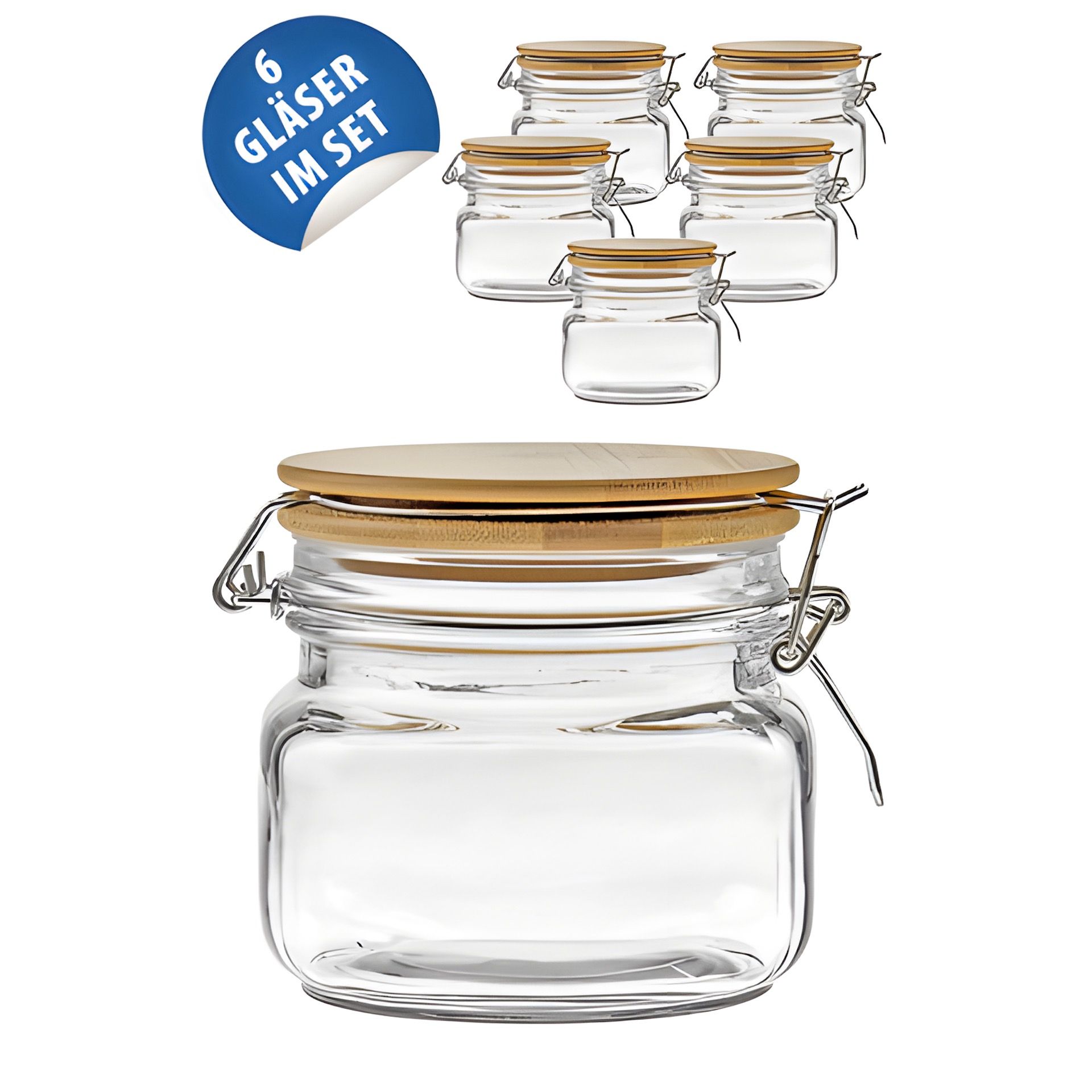 Bügelglas 500 ml eckig mit Bambusdeckel, 6 Stück