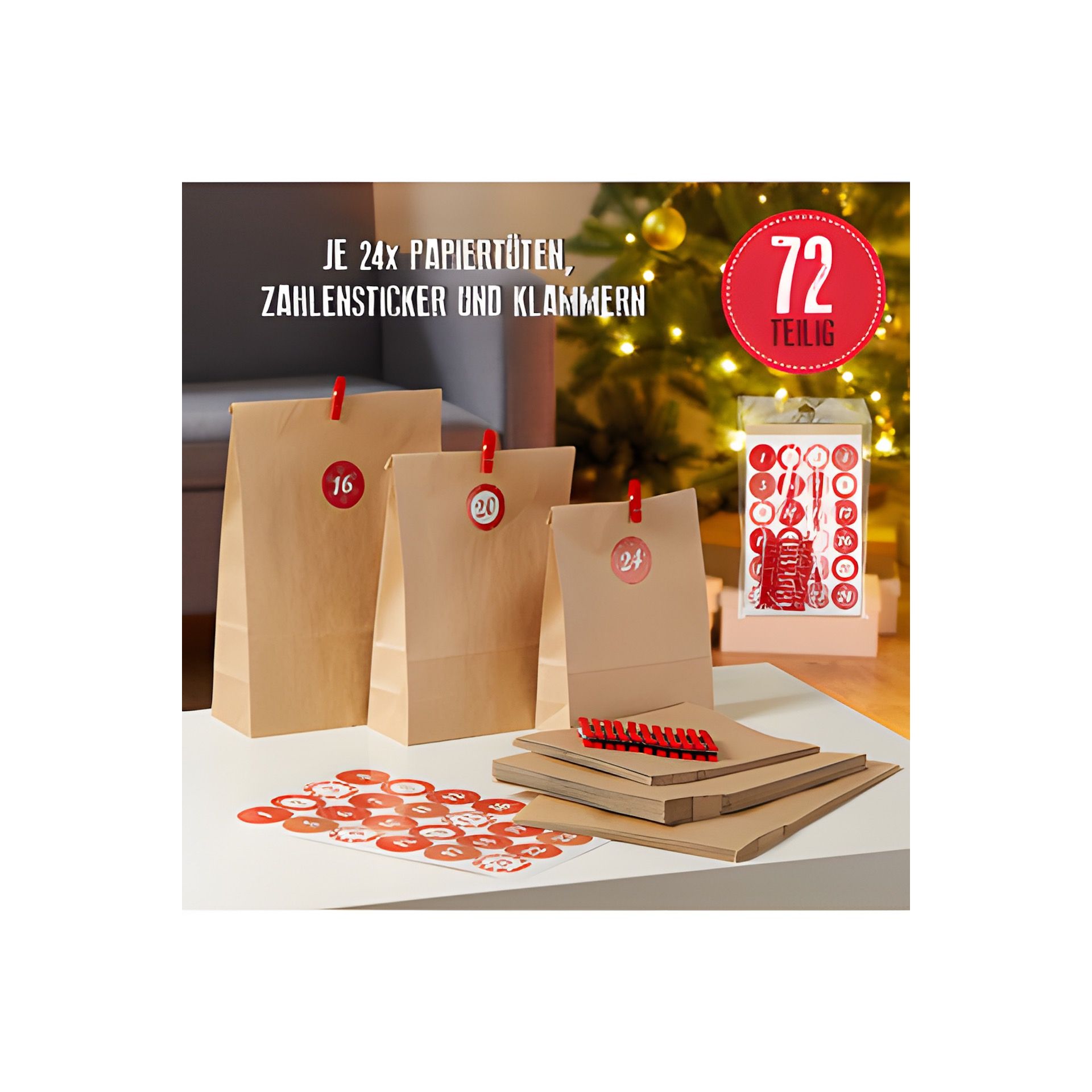 Adventskalender Bastelset 'Natur/Rot', 72-teilig