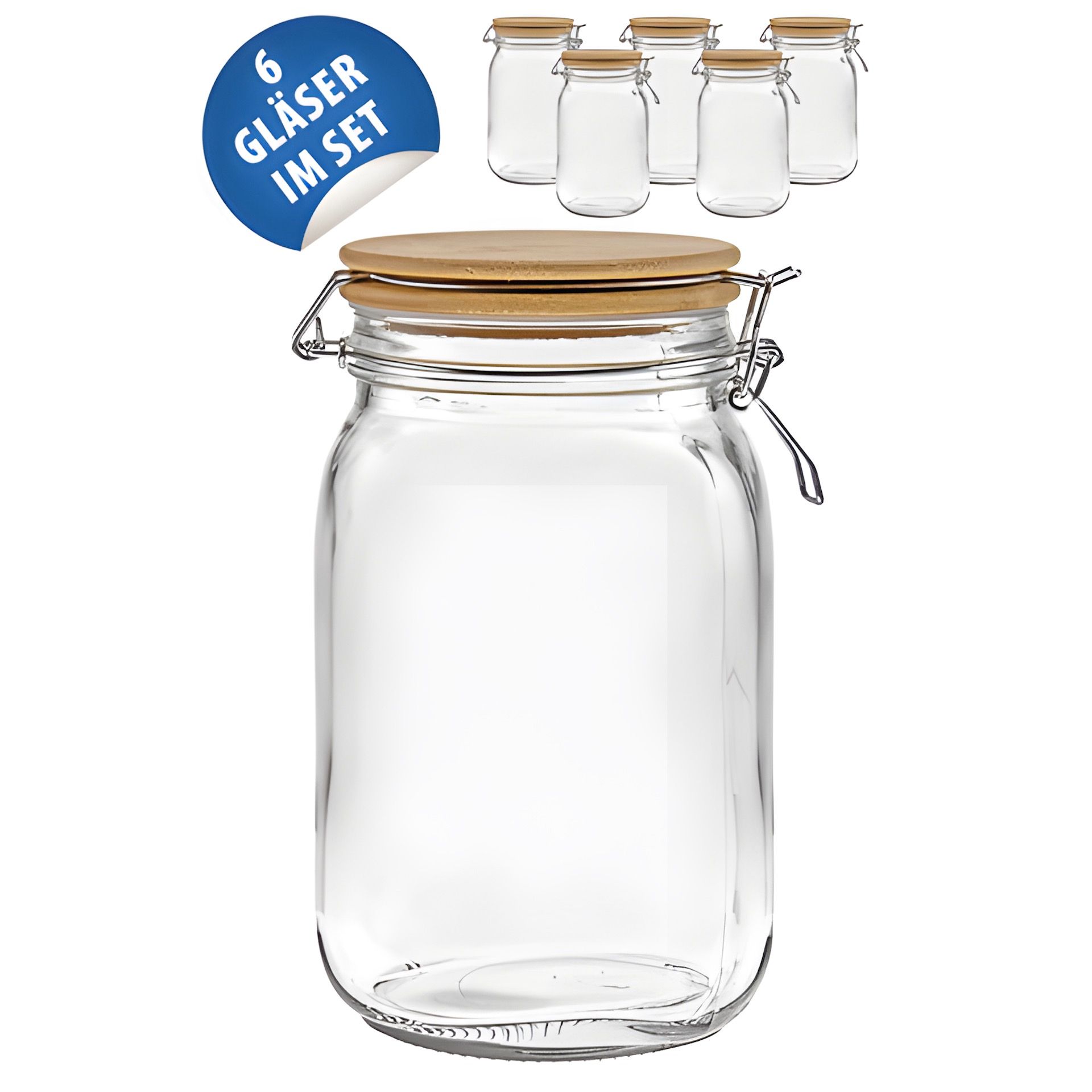 Bügelglas 1500 ml eckig mit Bambusdeckel, 6 Stück