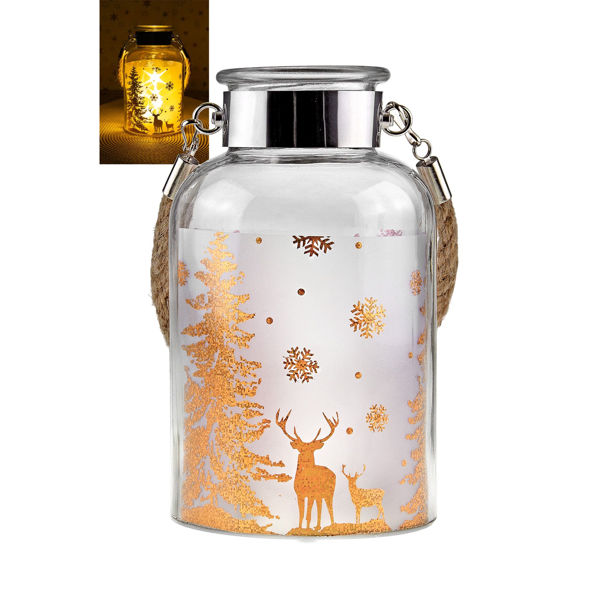 Deko-Glaslampe 'Winterwald' gold mit Effektfolie und 5 LEDs
