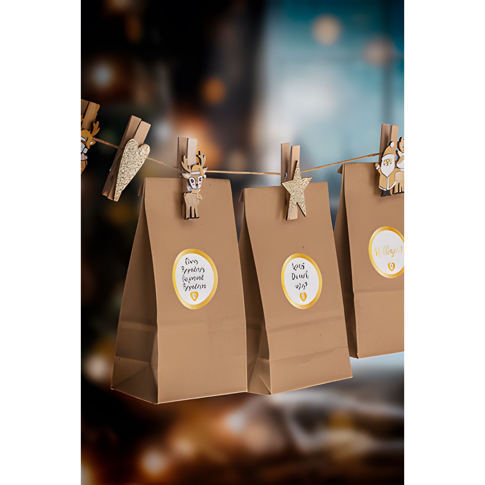 Holzklammern für Adventskalender mit Schnur, 24 Stück