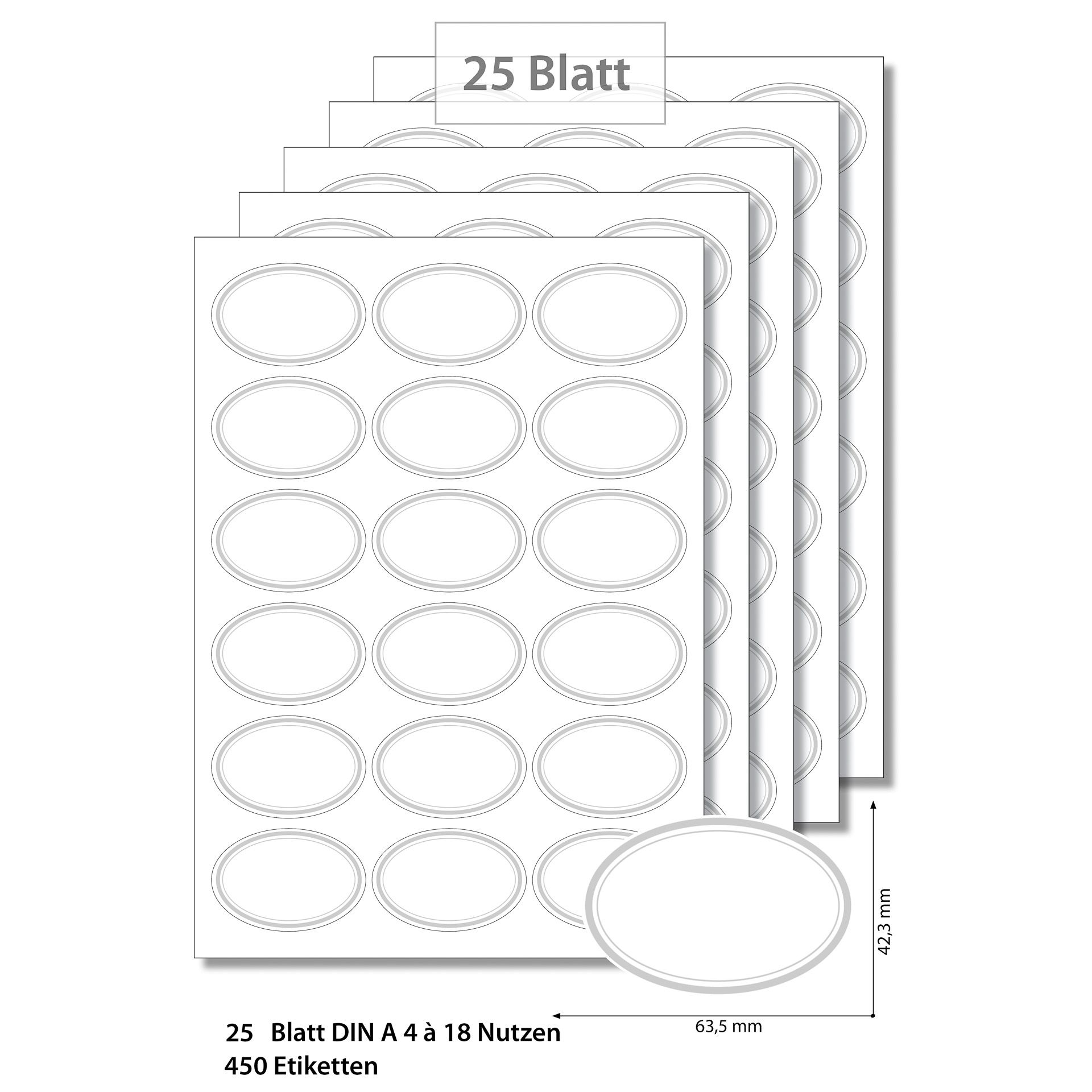 Etiketten oval 63,5 x 42,3 mm Rahmen silber - 25 Blatt A4