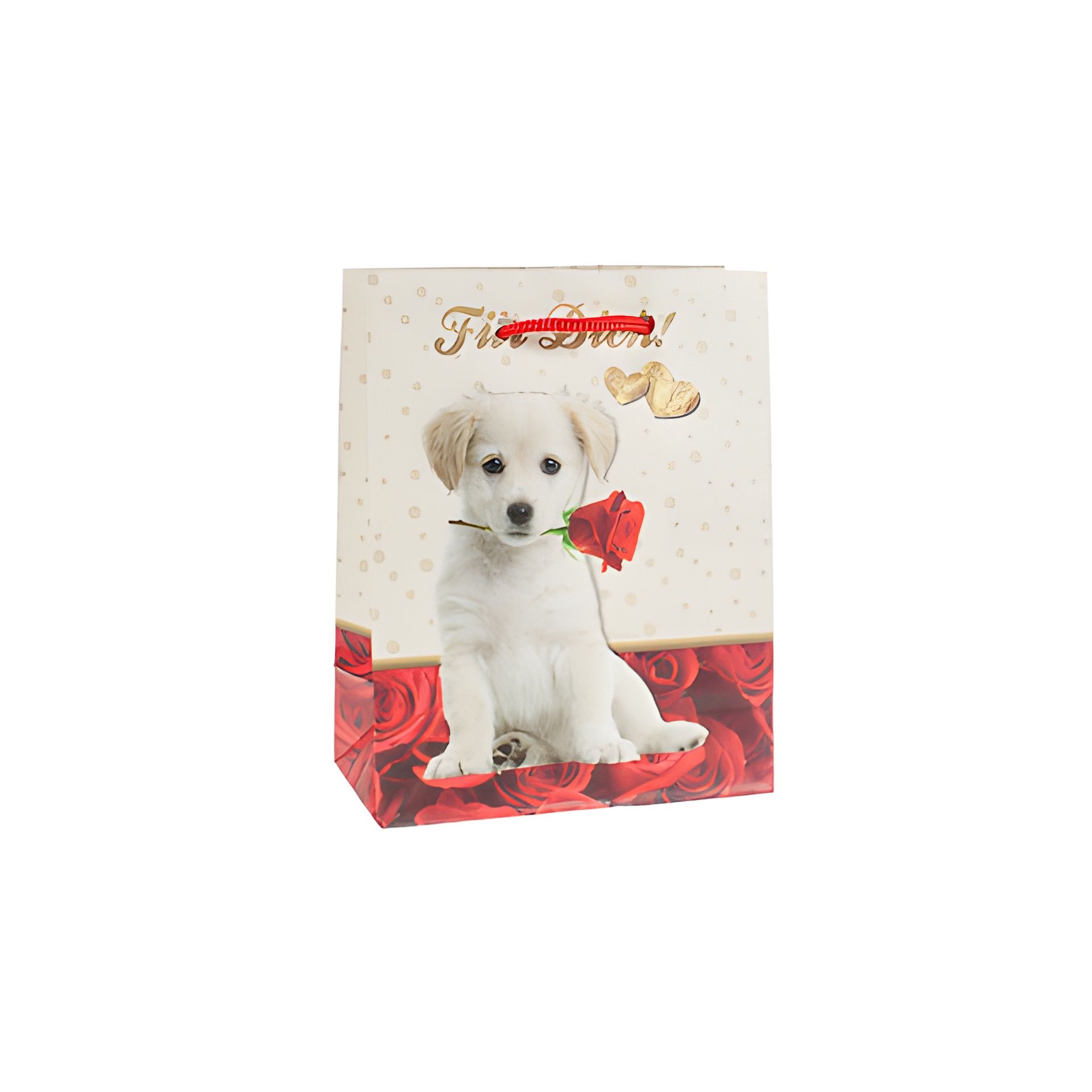 Geschenktüte 'Welpe auf Rosen', klein